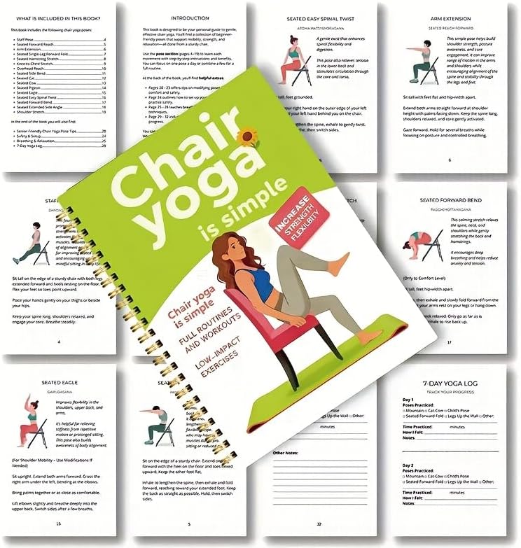 30-Day Chair Yoga Guide Book for Beginners, 60 Workouts for Weight Loss & Flexibility, Spiral Bound Senior Exercise Book (5.5x8.3 Inch, Green)