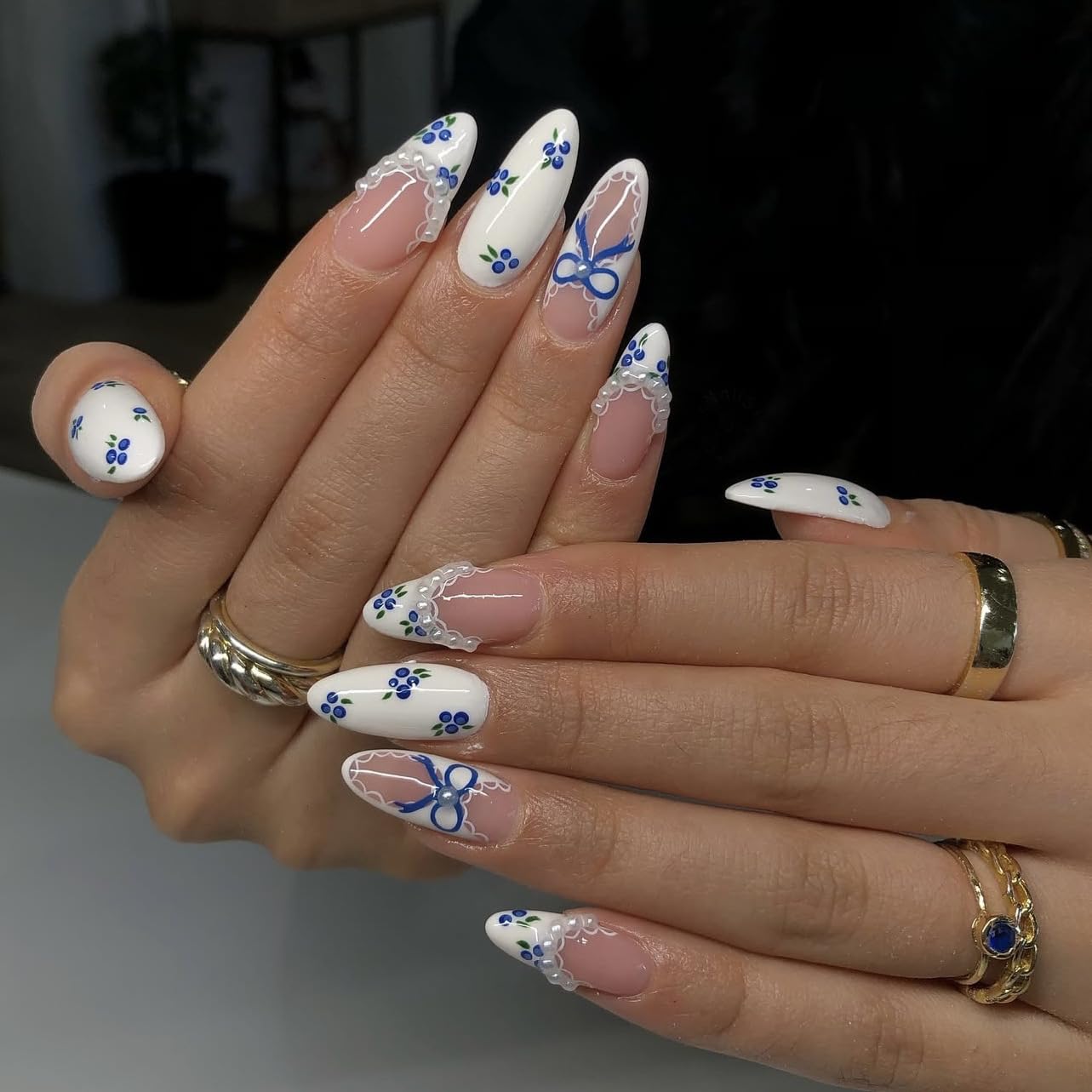 3D Pink Almond Press-On Nails – Medium French Tip Glossy Floral Fake Nails 2