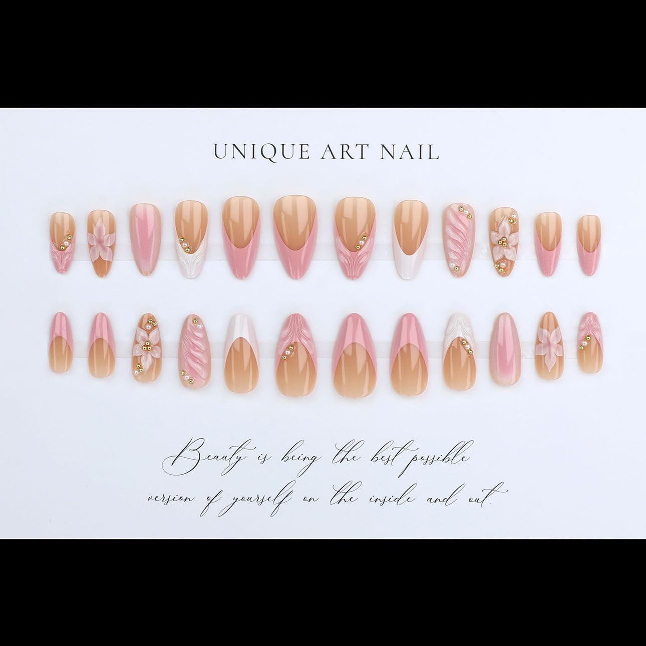 3D Pink Almond Press-On Nails – Medium French Tip Glossy Floral Fake Nails 2