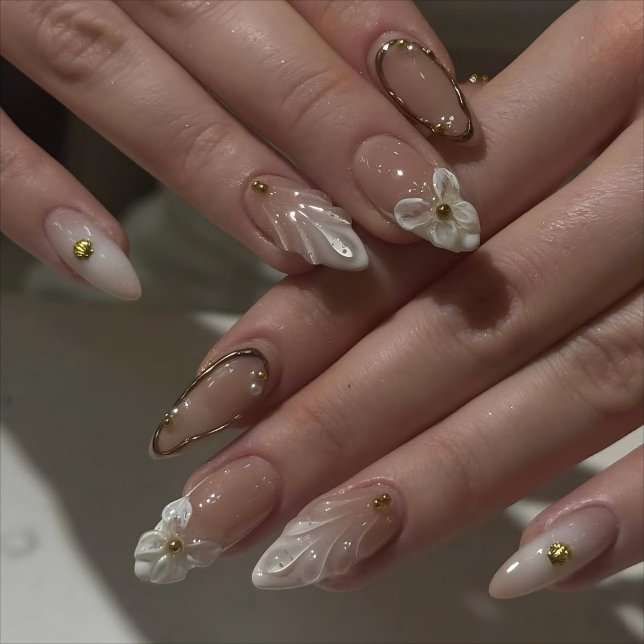 3D Pink Almond Press-On Nails – Medium French Tip Glossy Floral Fake Nails 2