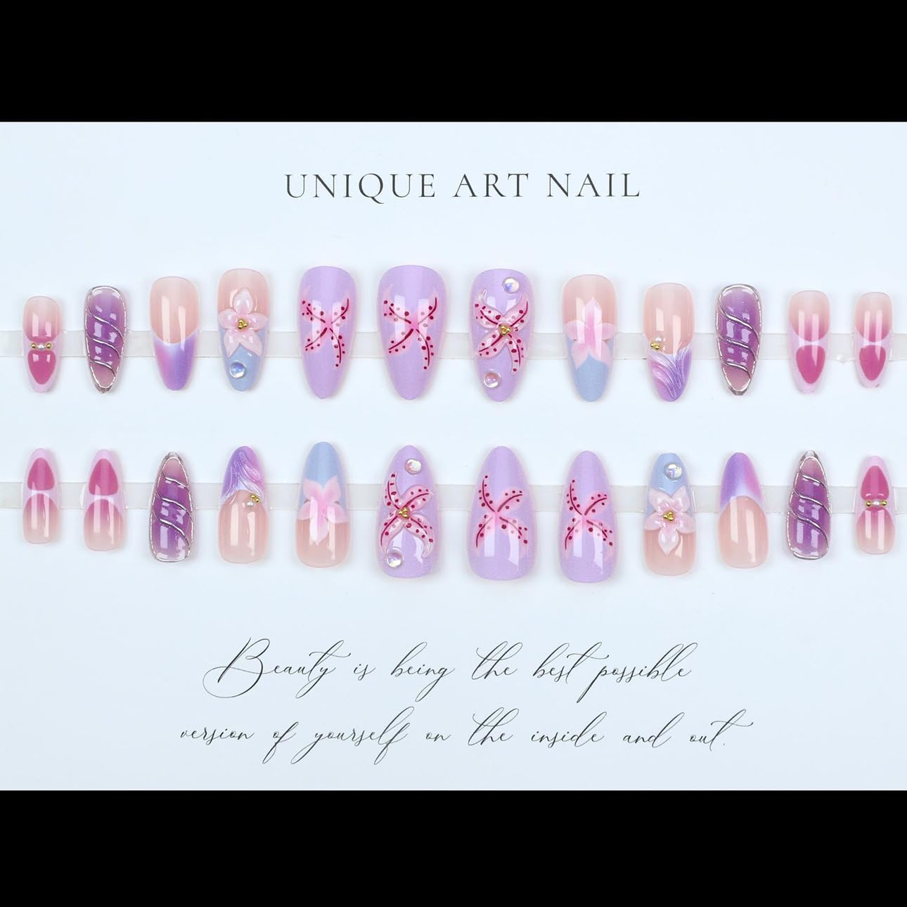 3D Pink Almond Press-On Nails – Medium French Tip Glossy Floral Fake Nails 2