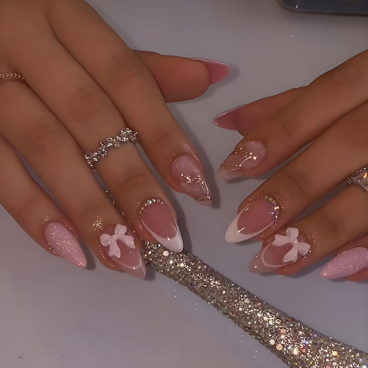 3D Pink Almond Press-On Nails – Medium French Tip Glossy Floral Fake Nails 2