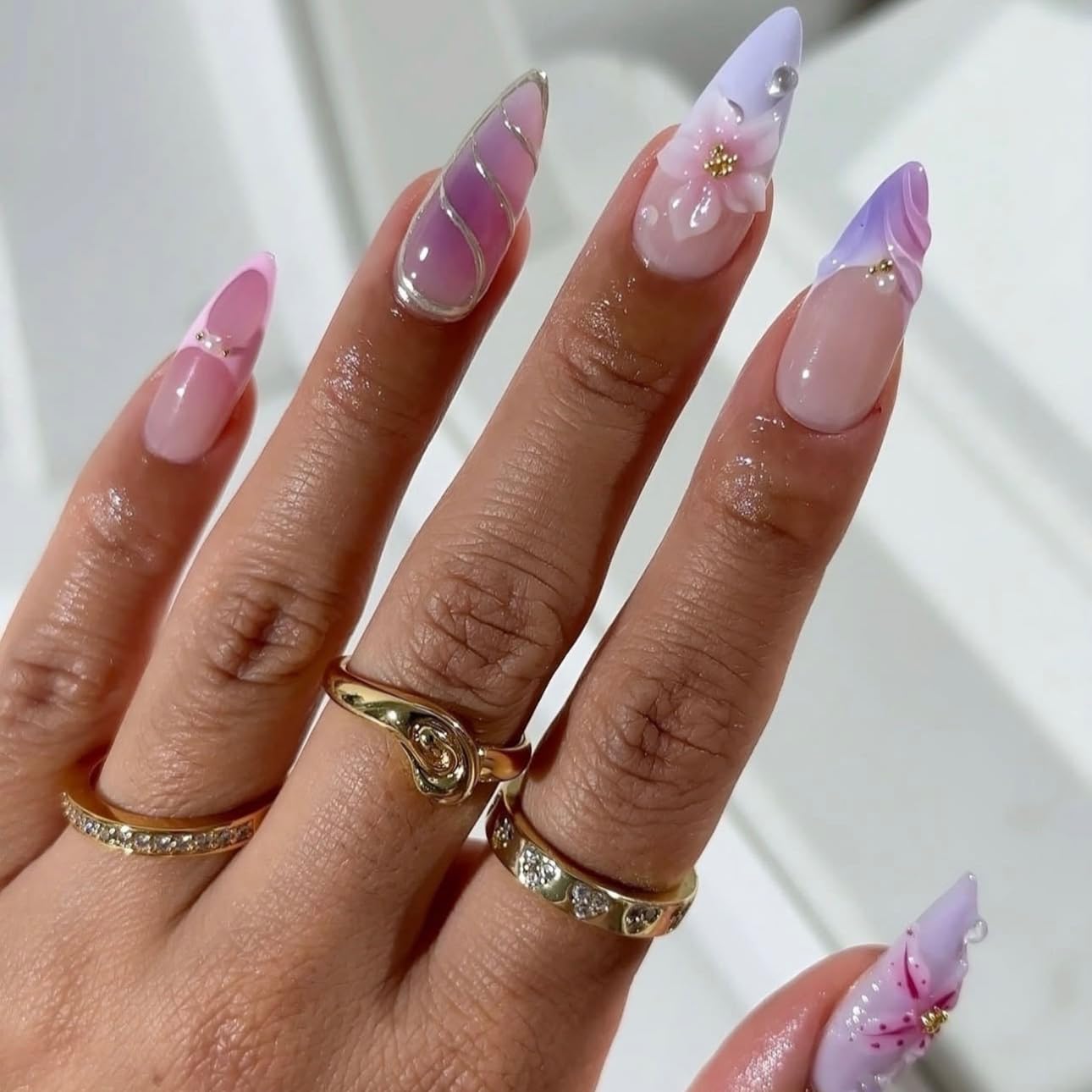 3D Pink Almond Press-On Nails – Medium French Tip Glossy Floral Fake Nails 2