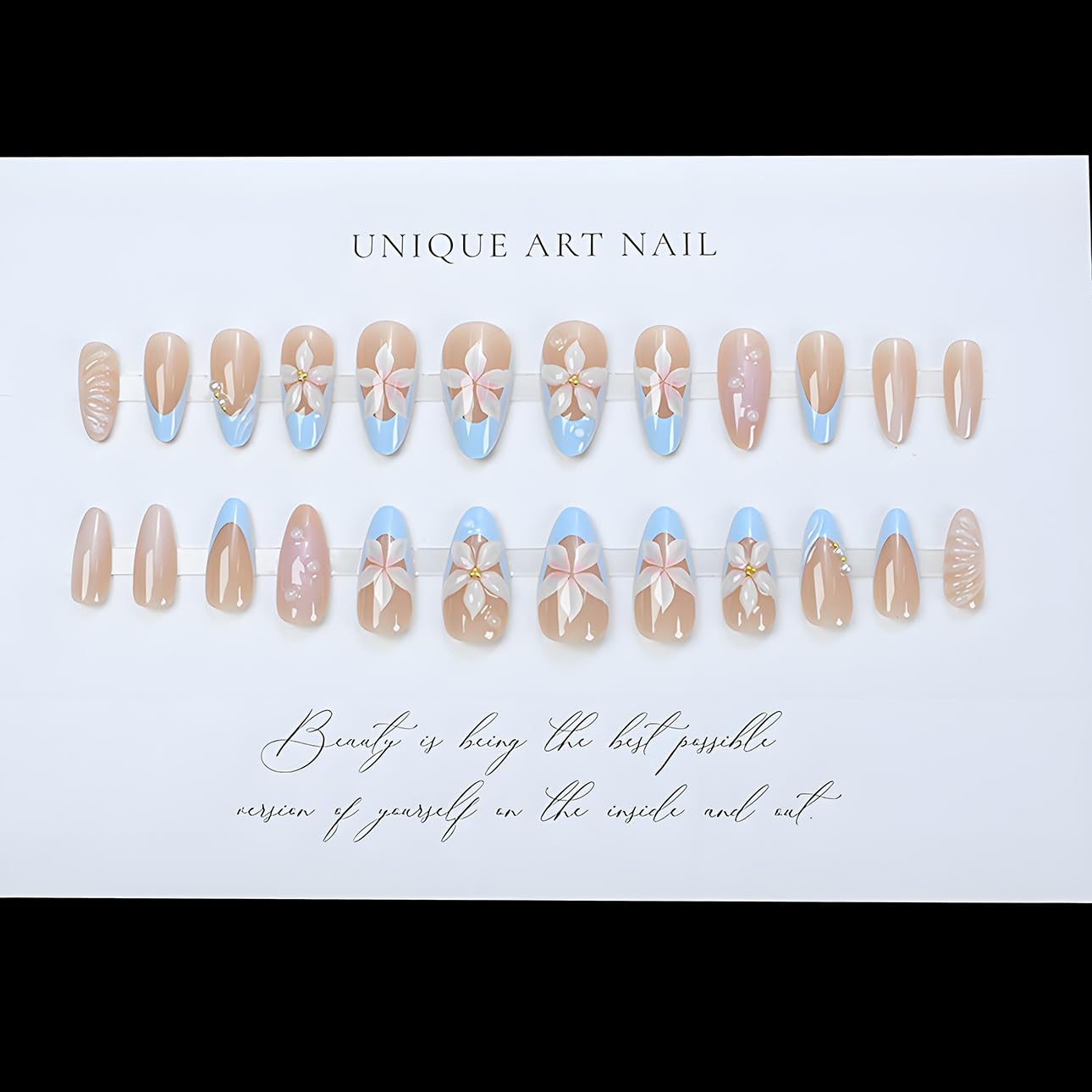 3D Pink Almond Press-On Nails – Medium French Tip Glossy Floral Fake Nails 2