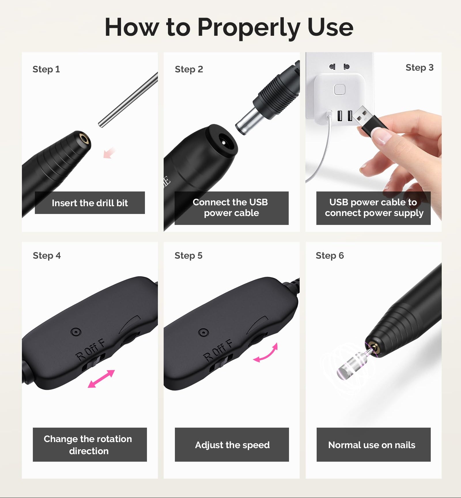 Step-by-step guide on how to properly use a nail drill with illustrations and text.
