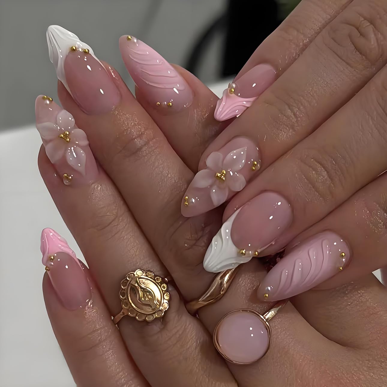 3D Pink Almond Press-On Nails – Medium French Tip Glossy Floral Fake Nails 2