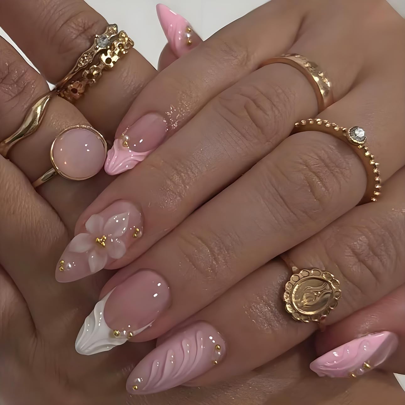 3D Pink Almond Press-On Nails – Medium French Tip Glossy Floral Fake Nails 2