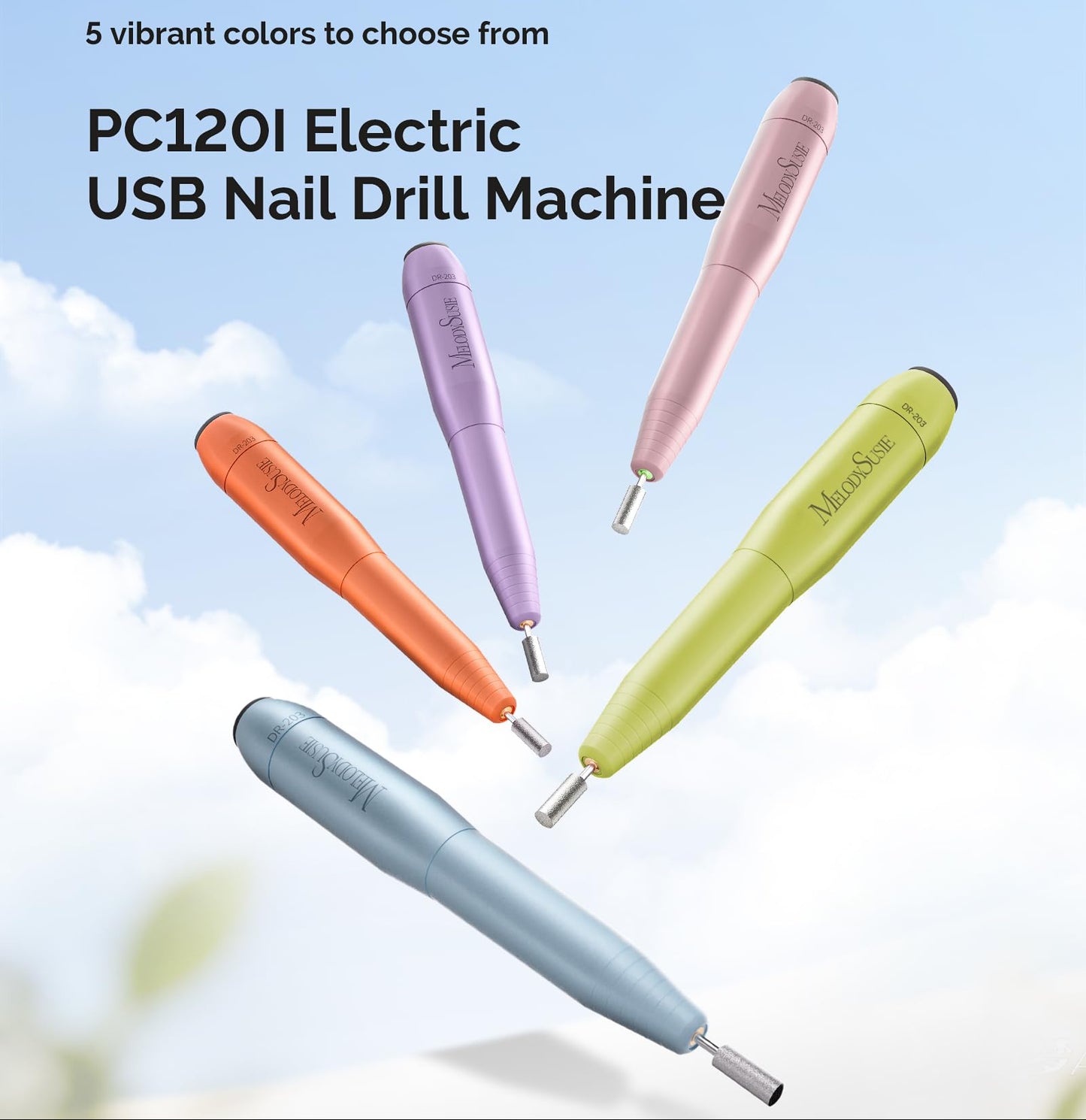 Electric USB nail drill machine in five vibrant colors with a clear sky background
