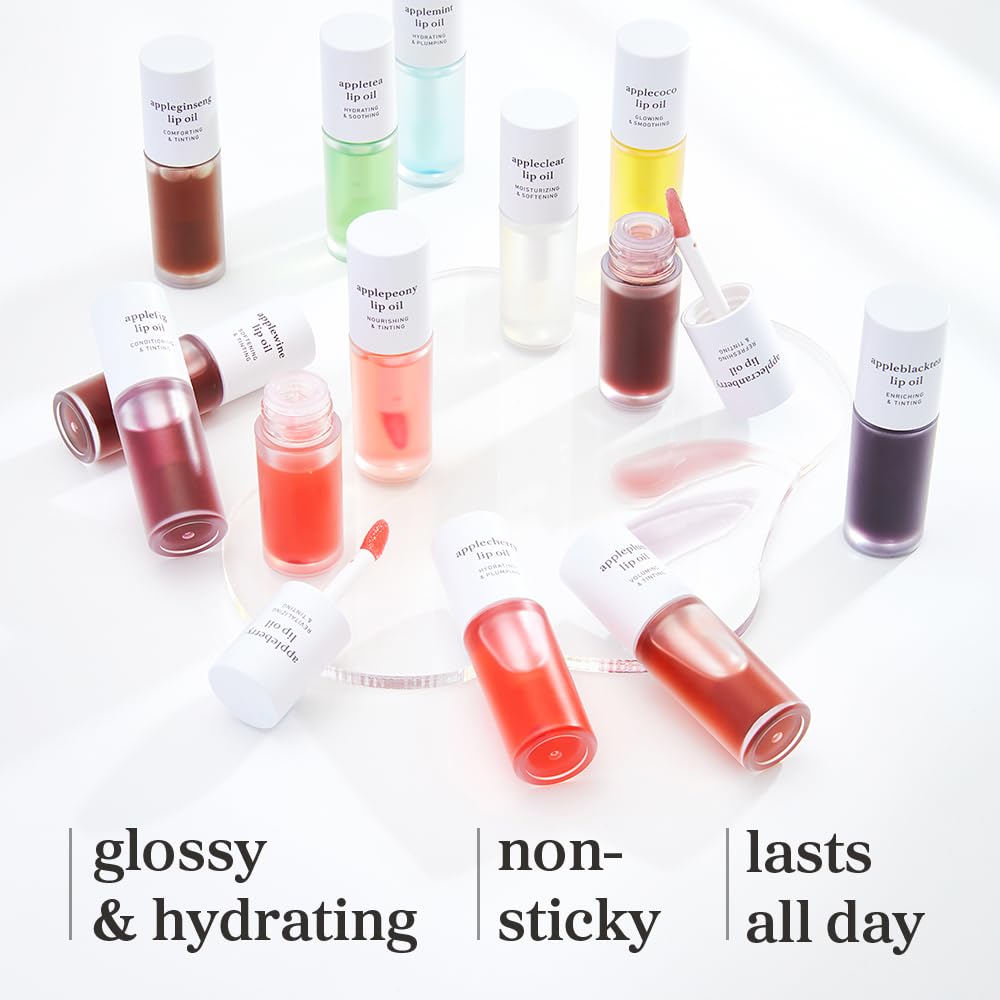 Korean Lip Oil - Appleginseng | Lip Stain, Gift, Long-Lasting, Moisturizing, Plumping, Revitalizing for Dry Lips, Waterproof, No Peel Off, Korean Lip Tint 0.12 Fl Oz