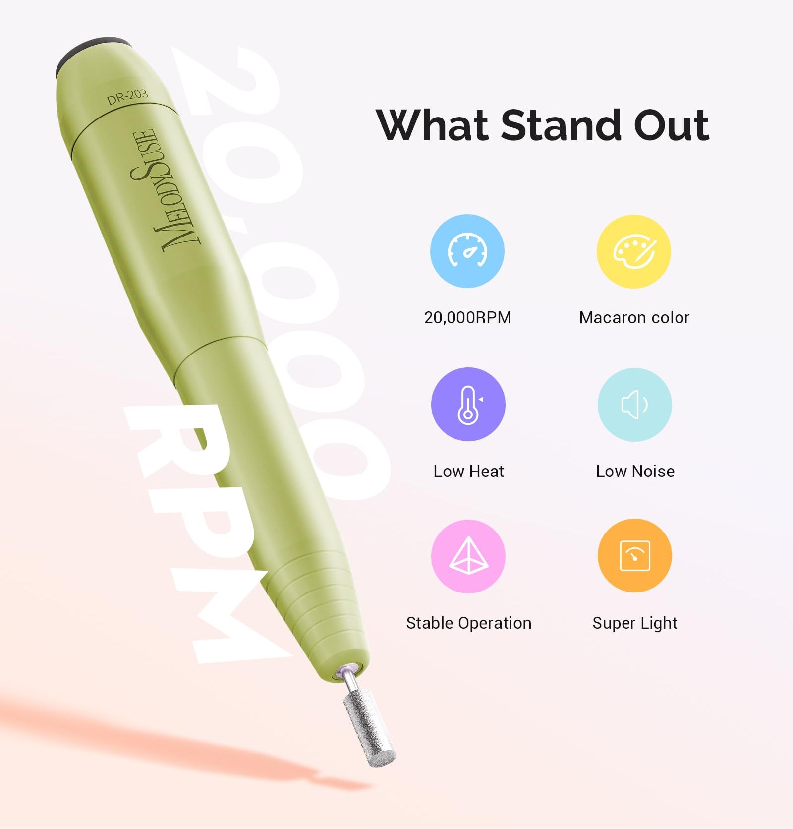 Green nail drill with features listed on a white background