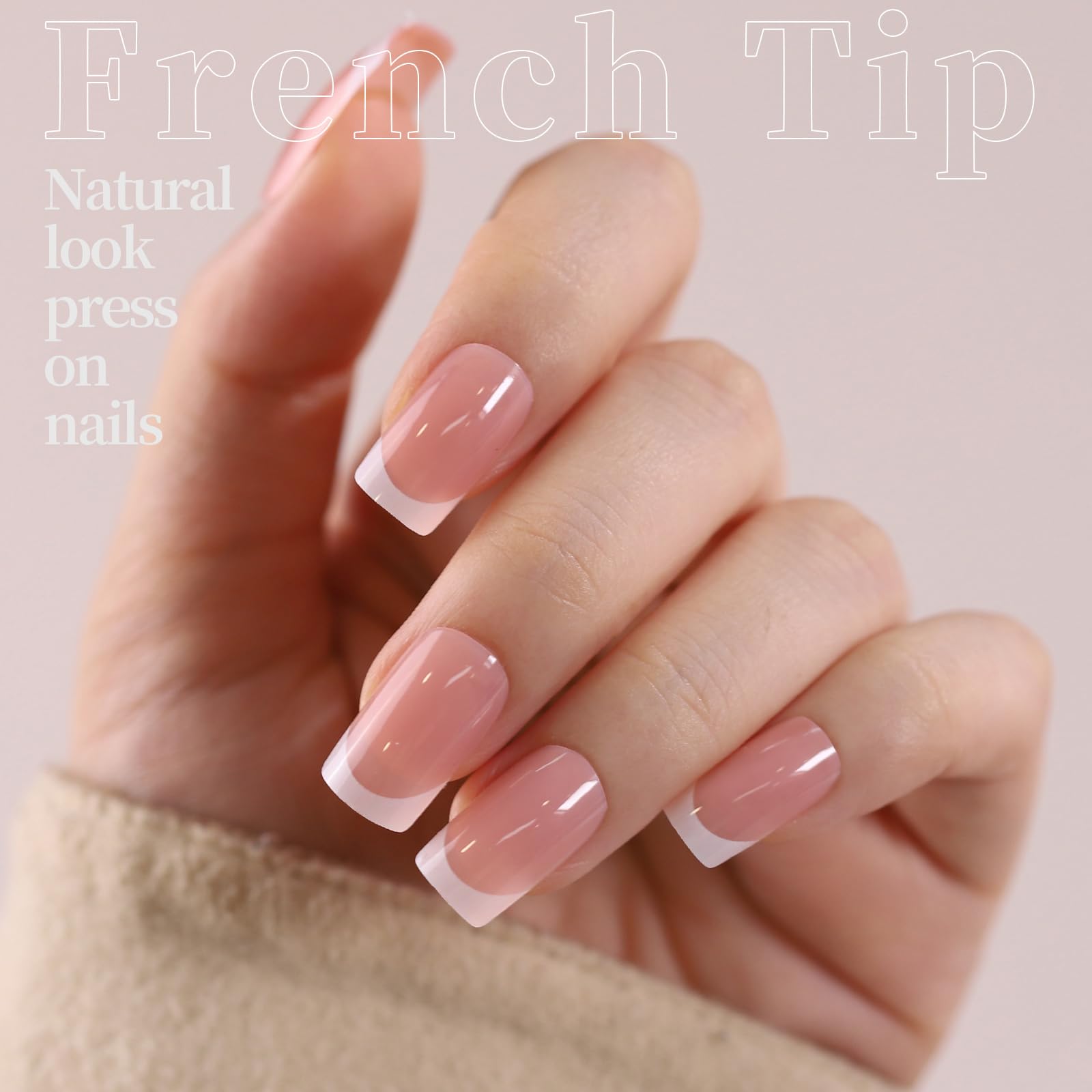 Hand with pink nails and white tips, labeled 'French Tip' on a light background.