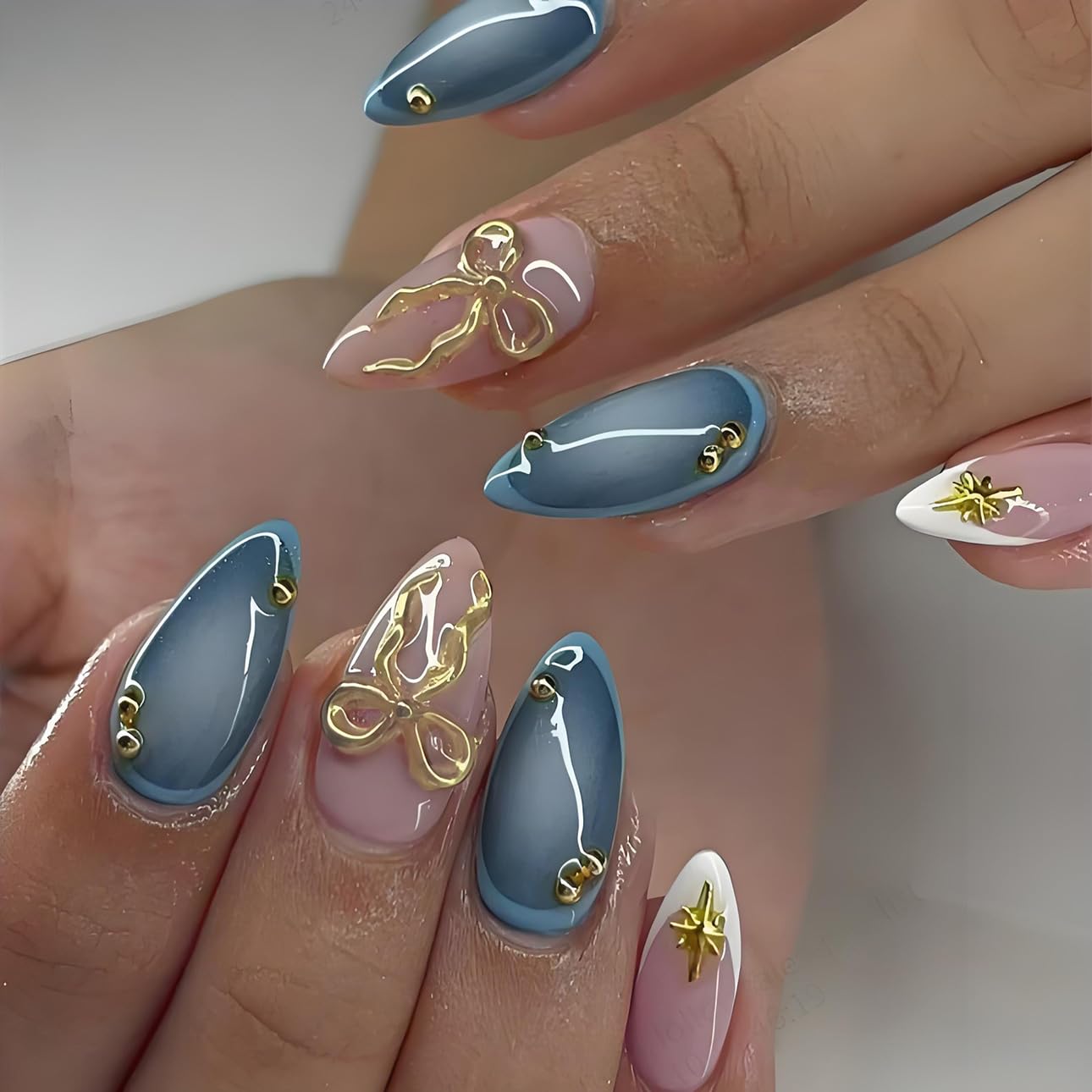 3D Pink Almond Press-On Nails – Medium French Tip Glossy Floral Fake Nails 2