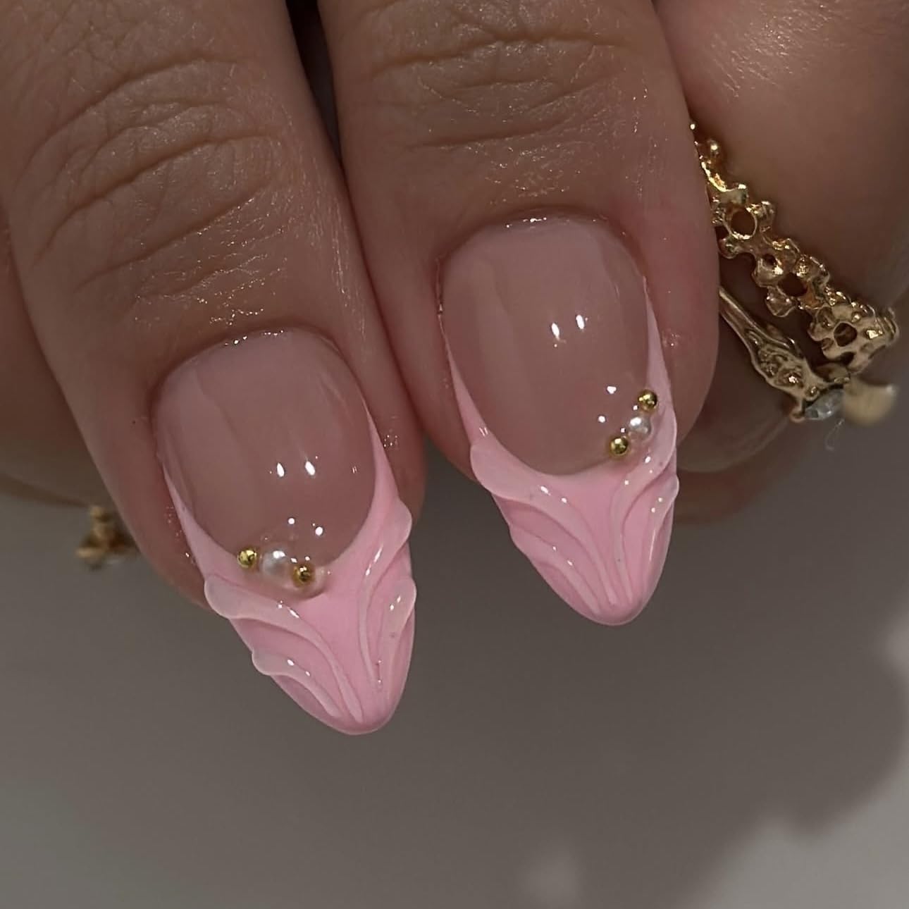 3D Pink Almond Press-On Nails – Medium French Tip Glossy Floral Fake Nails 2