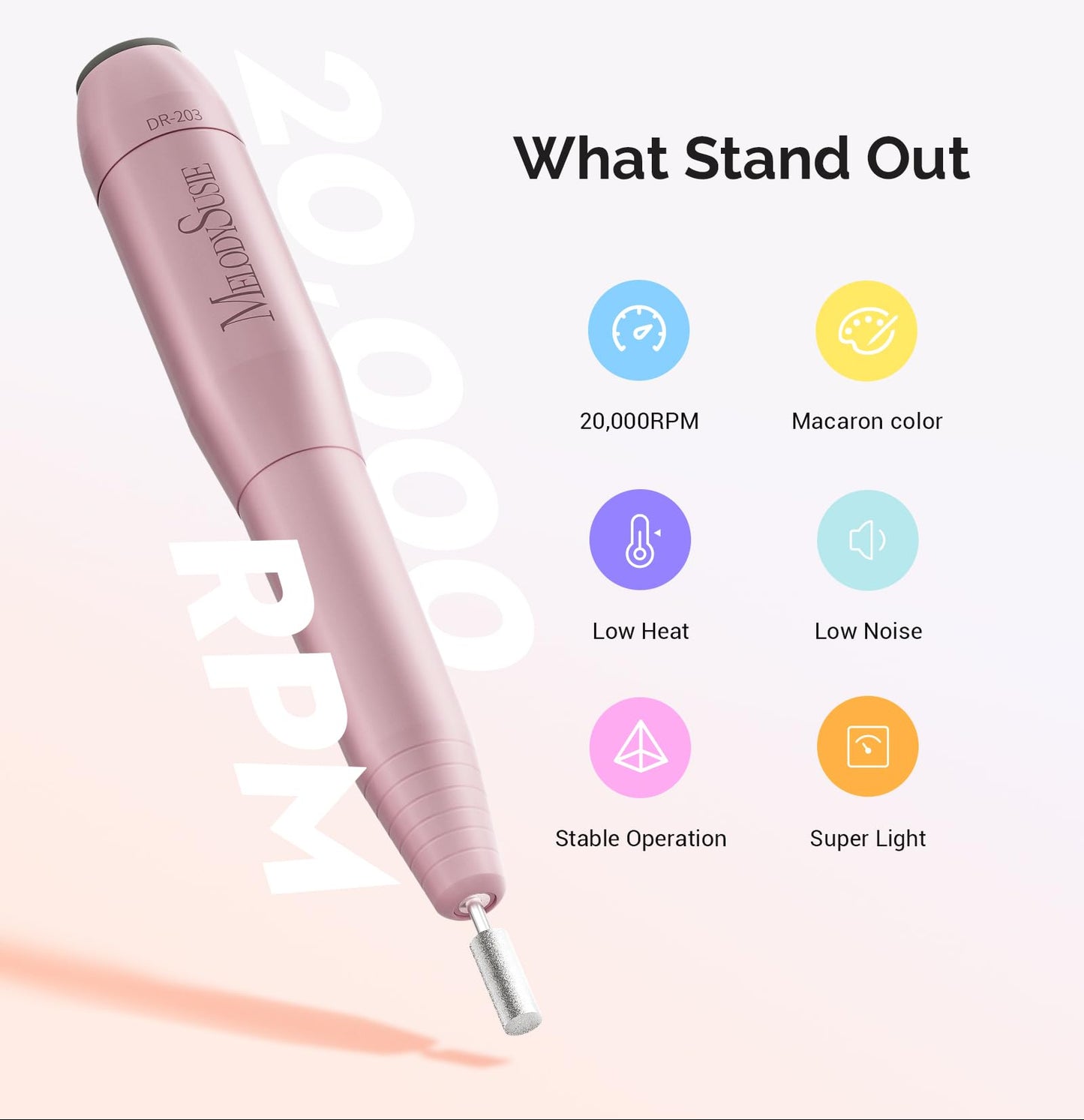 Pink nail drill with features listed on a white background