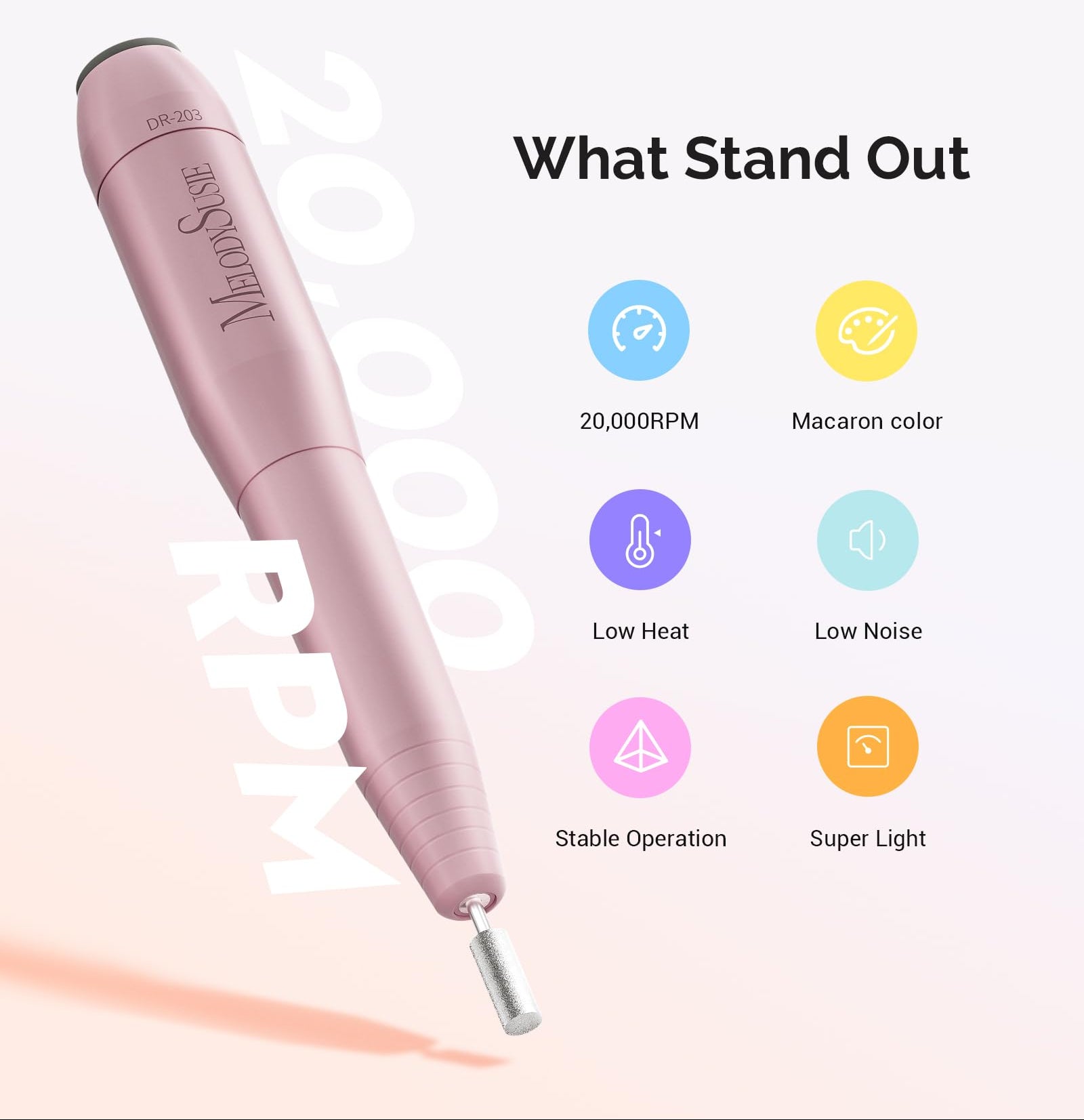 Pink nail drill with features listed on a white background