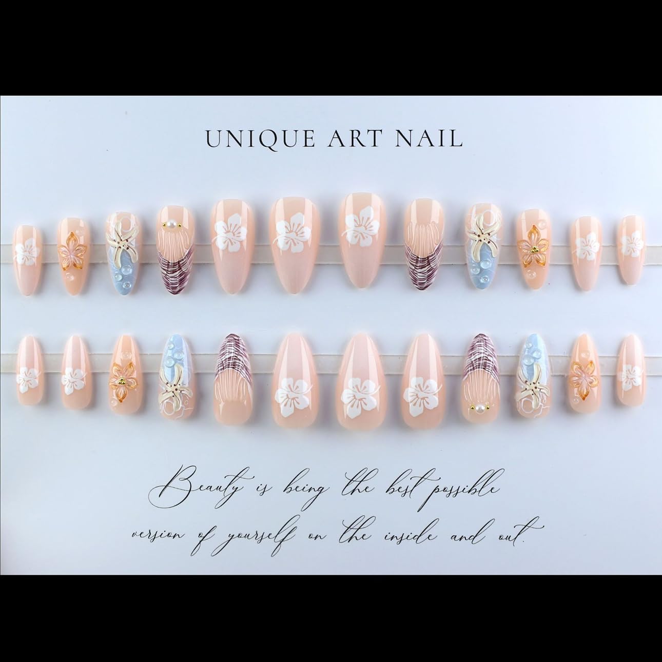 3D Pink Almond Press-On Nails – Medium French Tip Glossy Floral Fake Nails 2