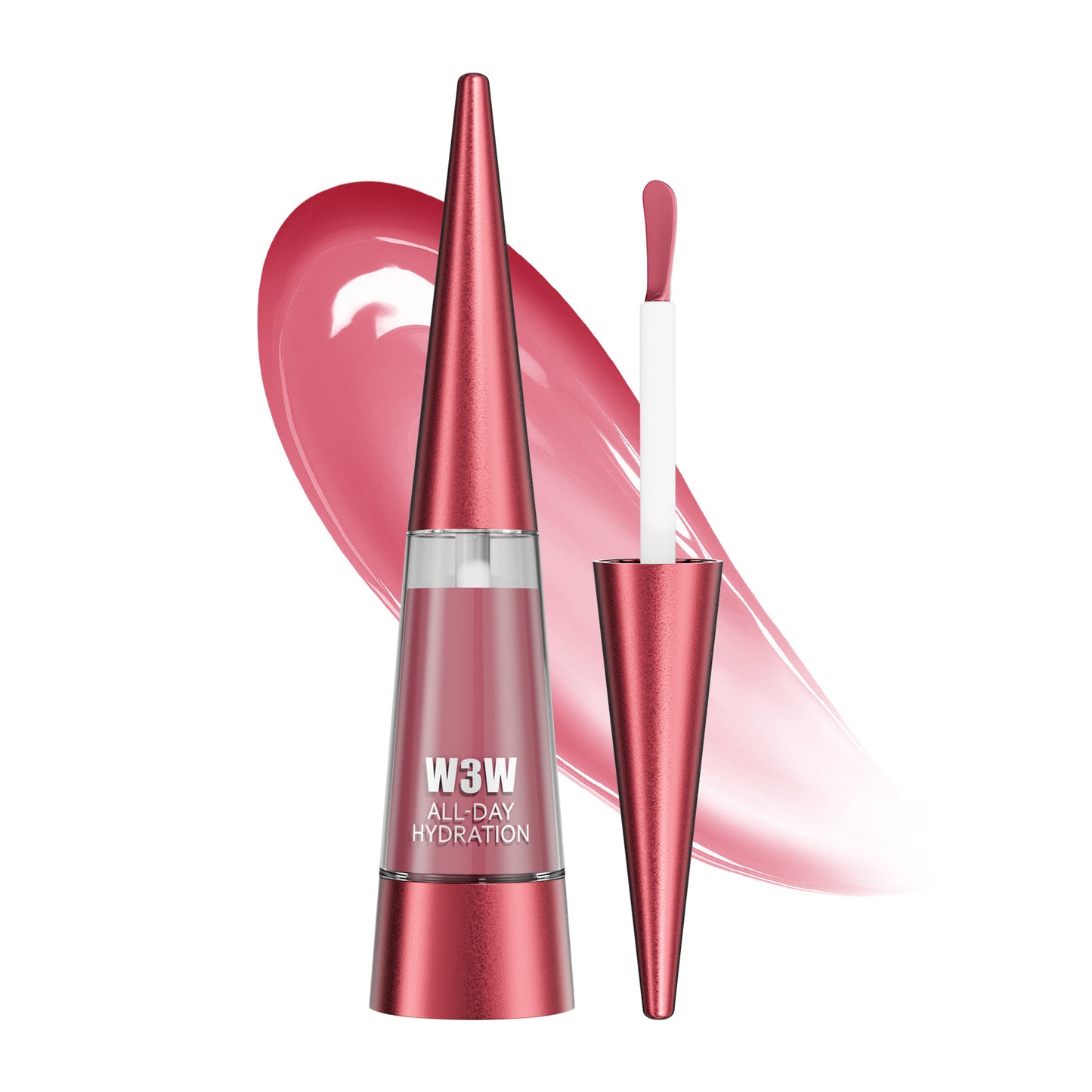 Red lip gloss with applicator and 'W3W' branding on a white background