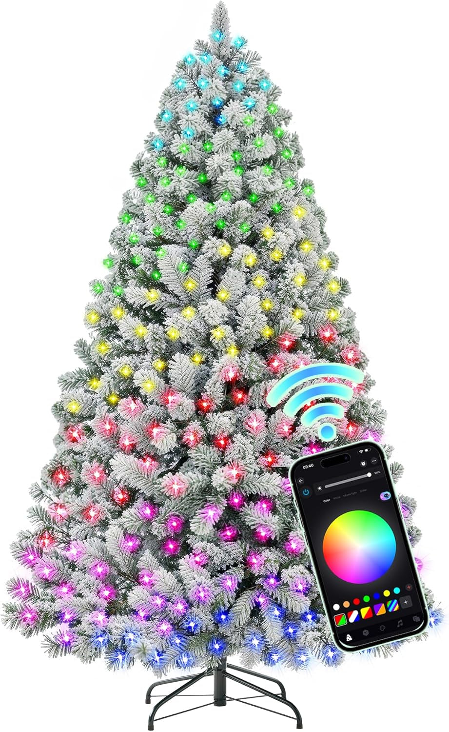 6 Ft Flocked Prelit Christmas Tree with 350 LED Lights, App Control, Artificial Christmas Tree, Multi-Color RGBW Lights, 947 Branch Tips, Snow Xmas Tree, for Home, Party