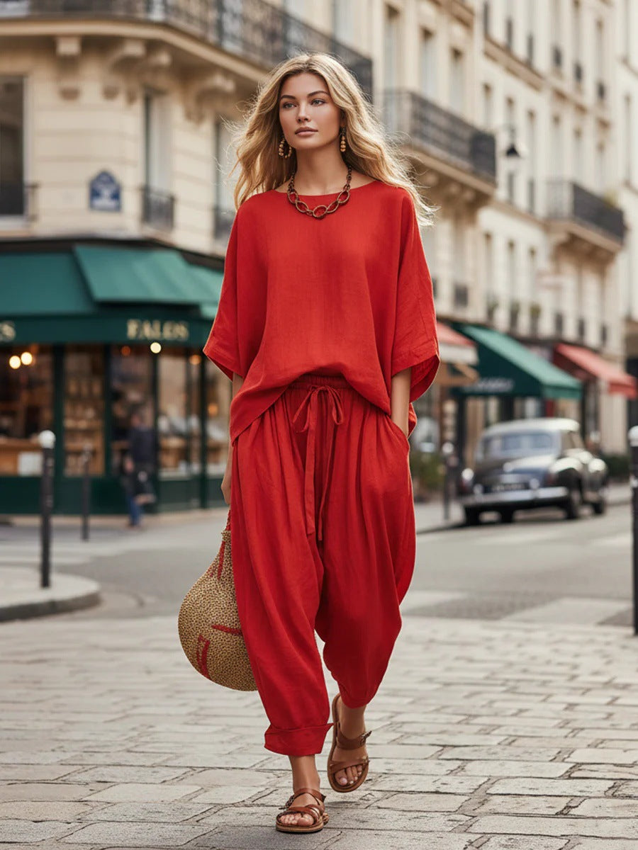 Women's Solid Color Relaxed Fit Two-Piece Casual Set