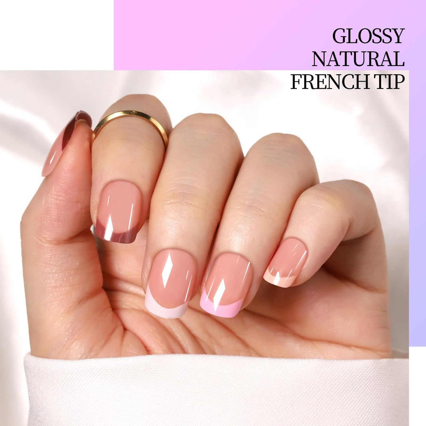 Hand with pink glossy French tip nails on a white background, featuring the Fandamei brand.