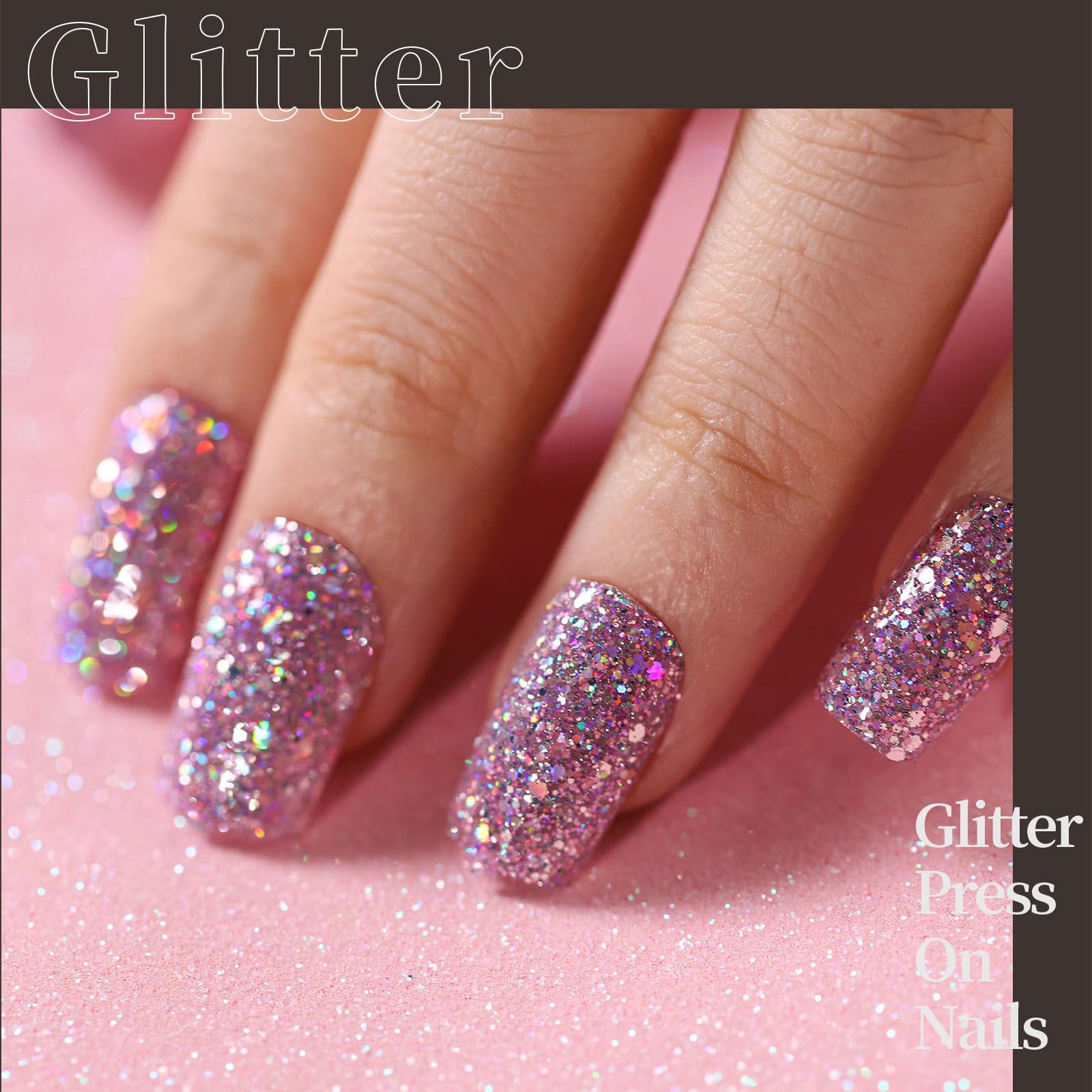 Close-up of a hand with glittery pink nails on a pink background