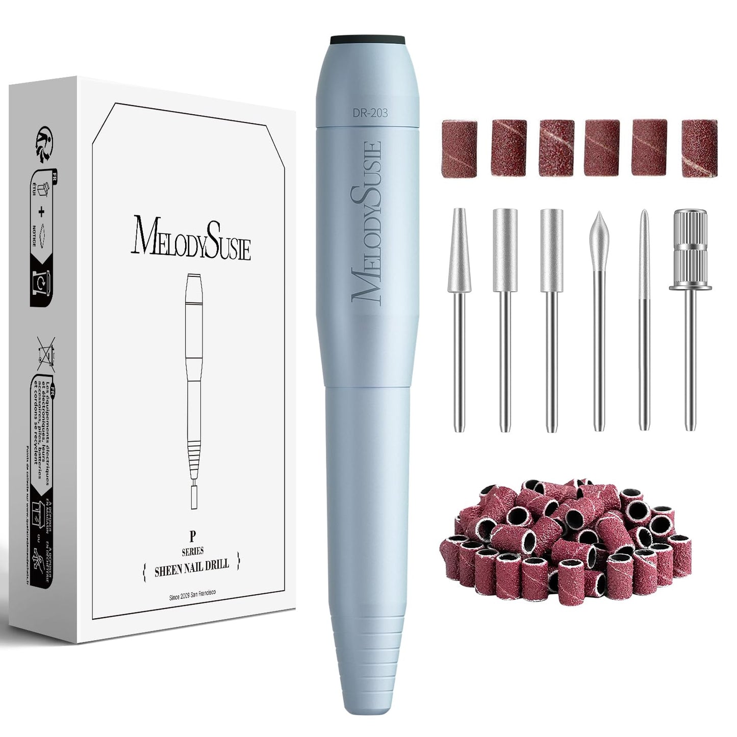Nail drill set with accessories and packaging labeled 'Melodi Susie' on a white background