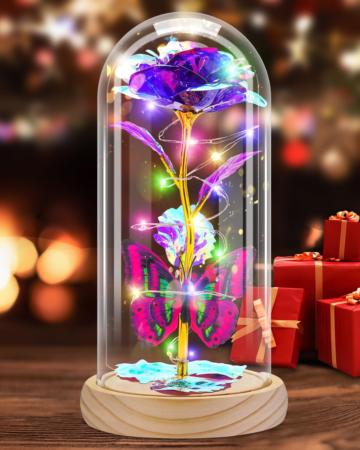 Preserved Rose in Glass Dome with LED Light – Forever Flower Gift for Mom or Her