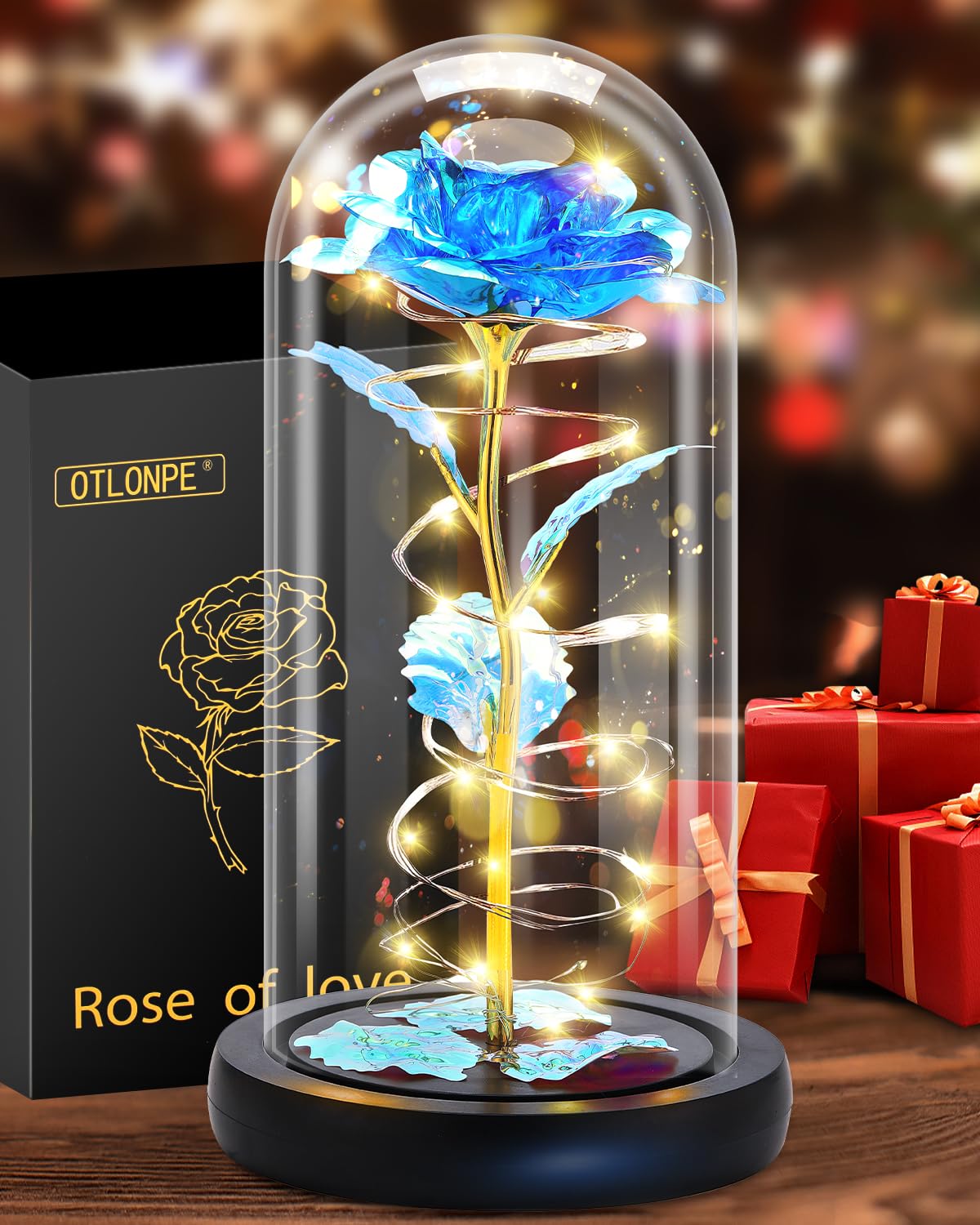 Preserved Rose in Glass Dome with LED Light – Forever Flower Gift for Mom or Her