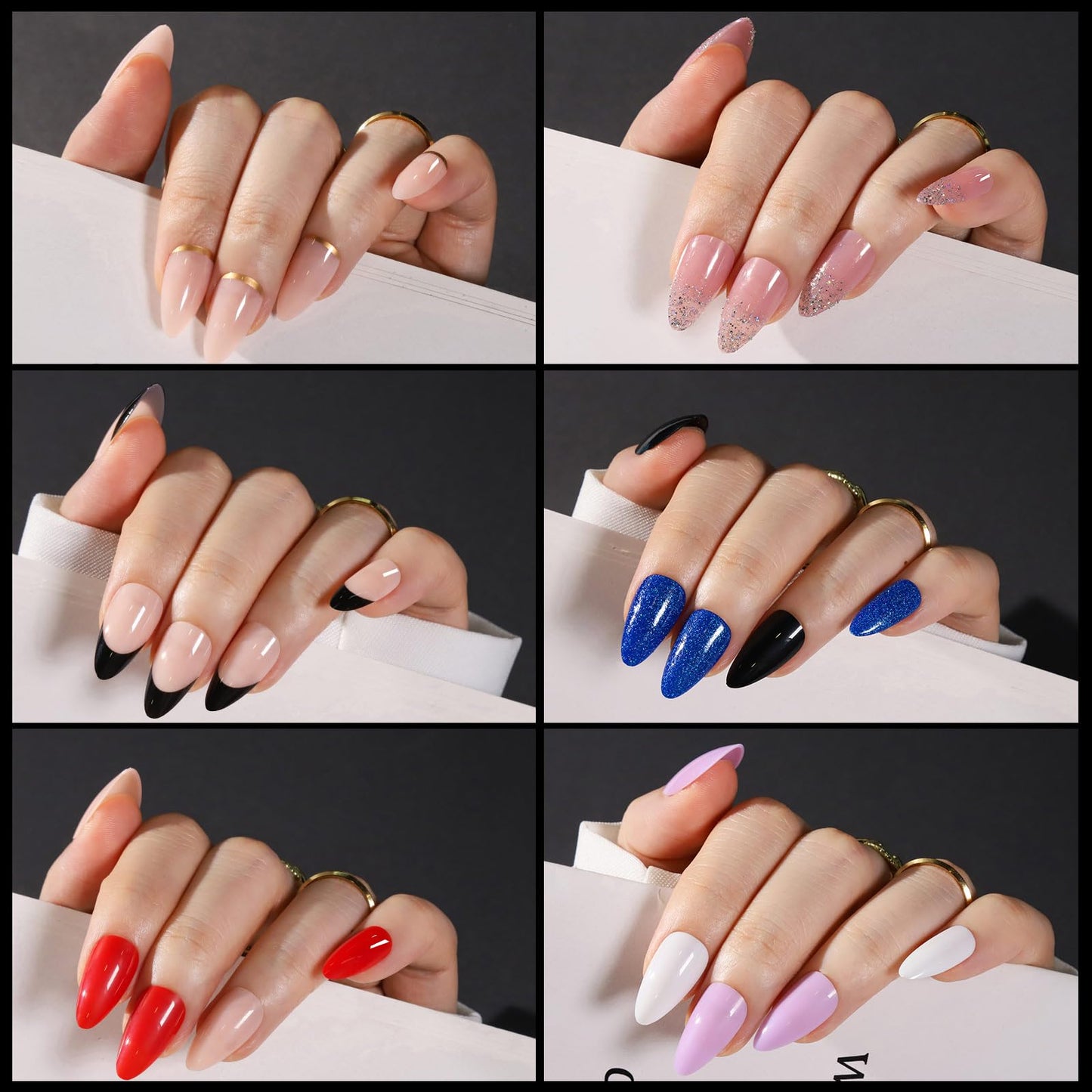 Collage of six images showing different nail color and design options.