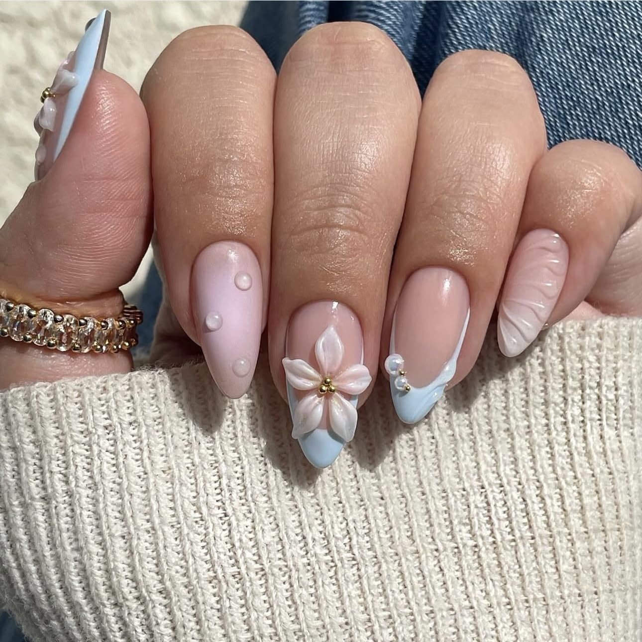 3D Pink Almond Press-On Nails – Medium French Tip Glossy Floral Fake Nails 2