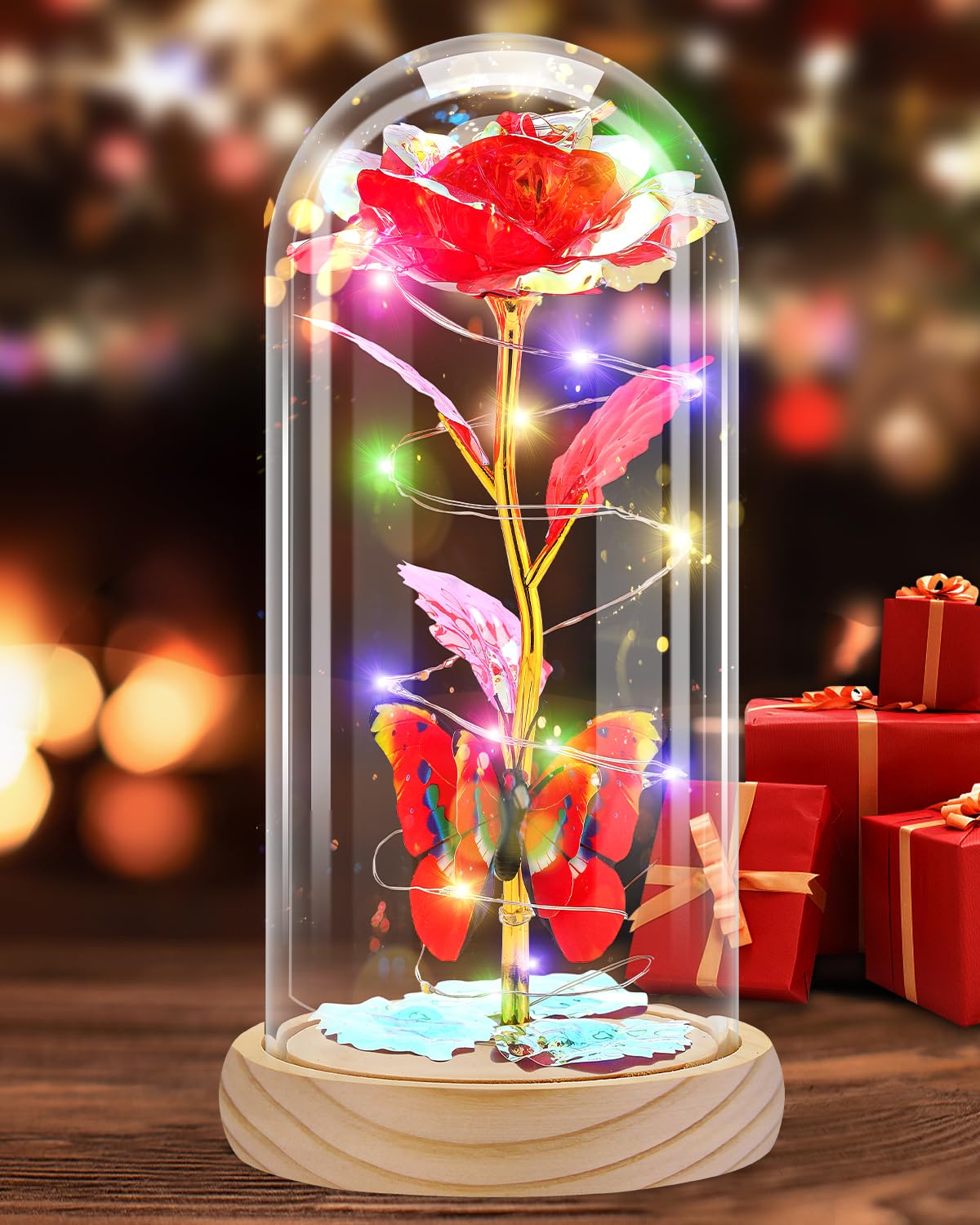 Preserved Rose in Glass Dome with LED Light – Forever Flower Gift for Mom or Her
