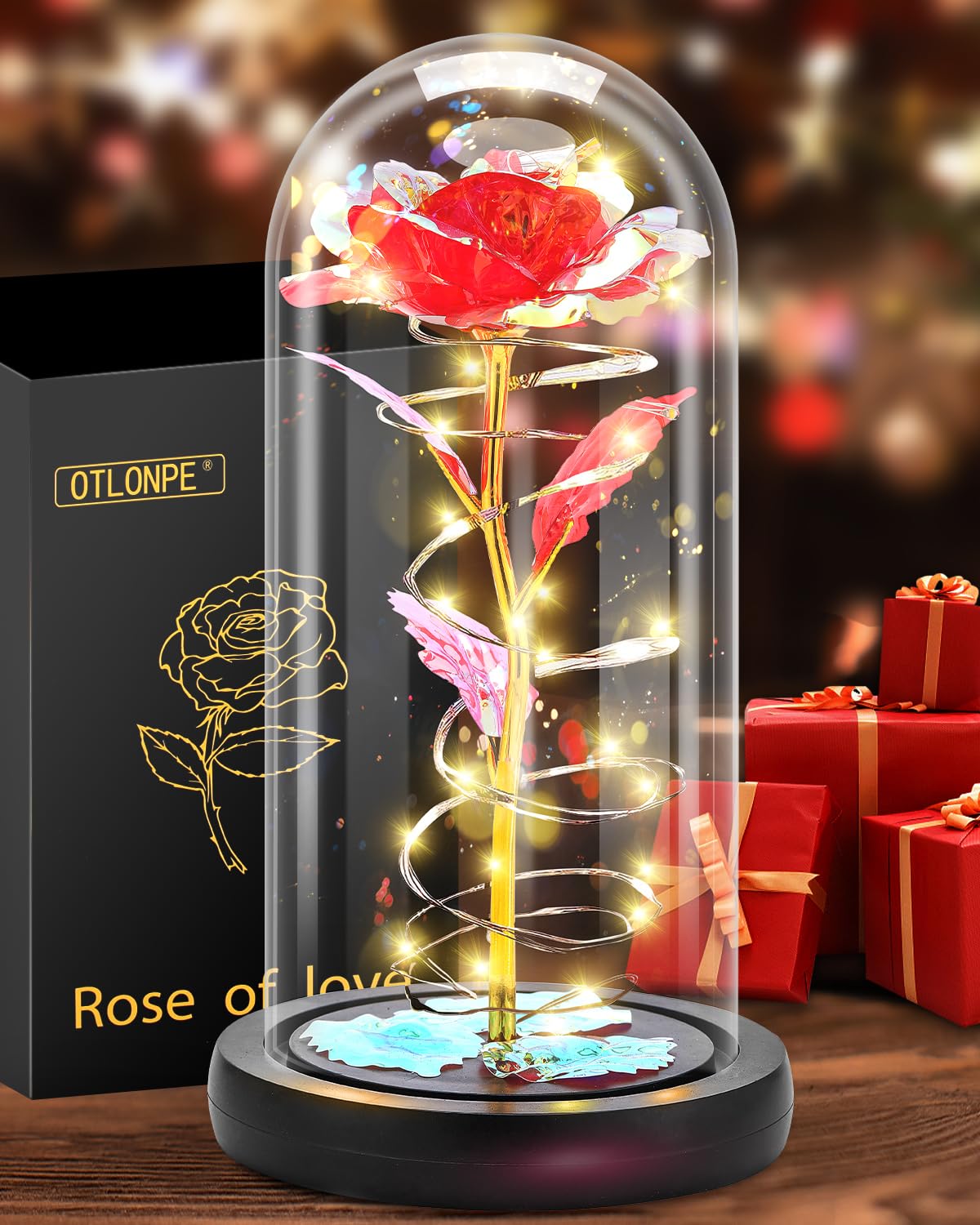 Preserved Rose in Glass Dome with LED Light – Forever Flower Gift for Mom or Her