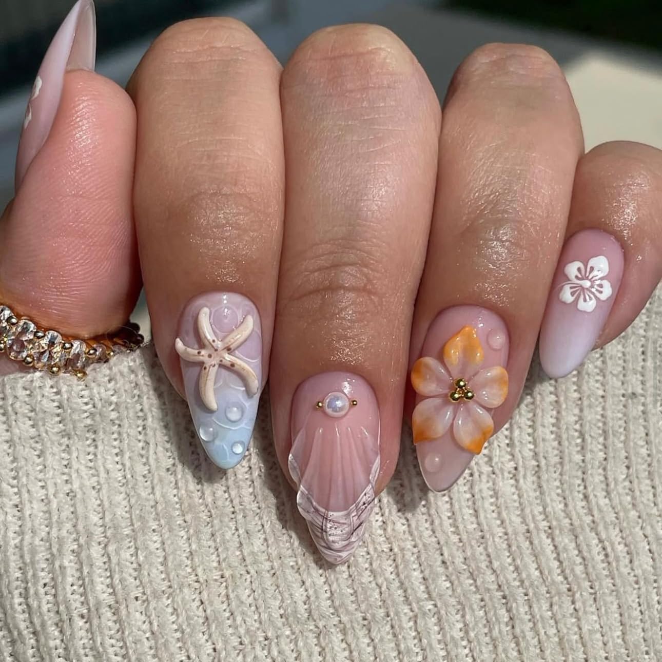 3D Pink Almond Press-On Nails – Medium French Tip Glossy Floral Fake Nails 2