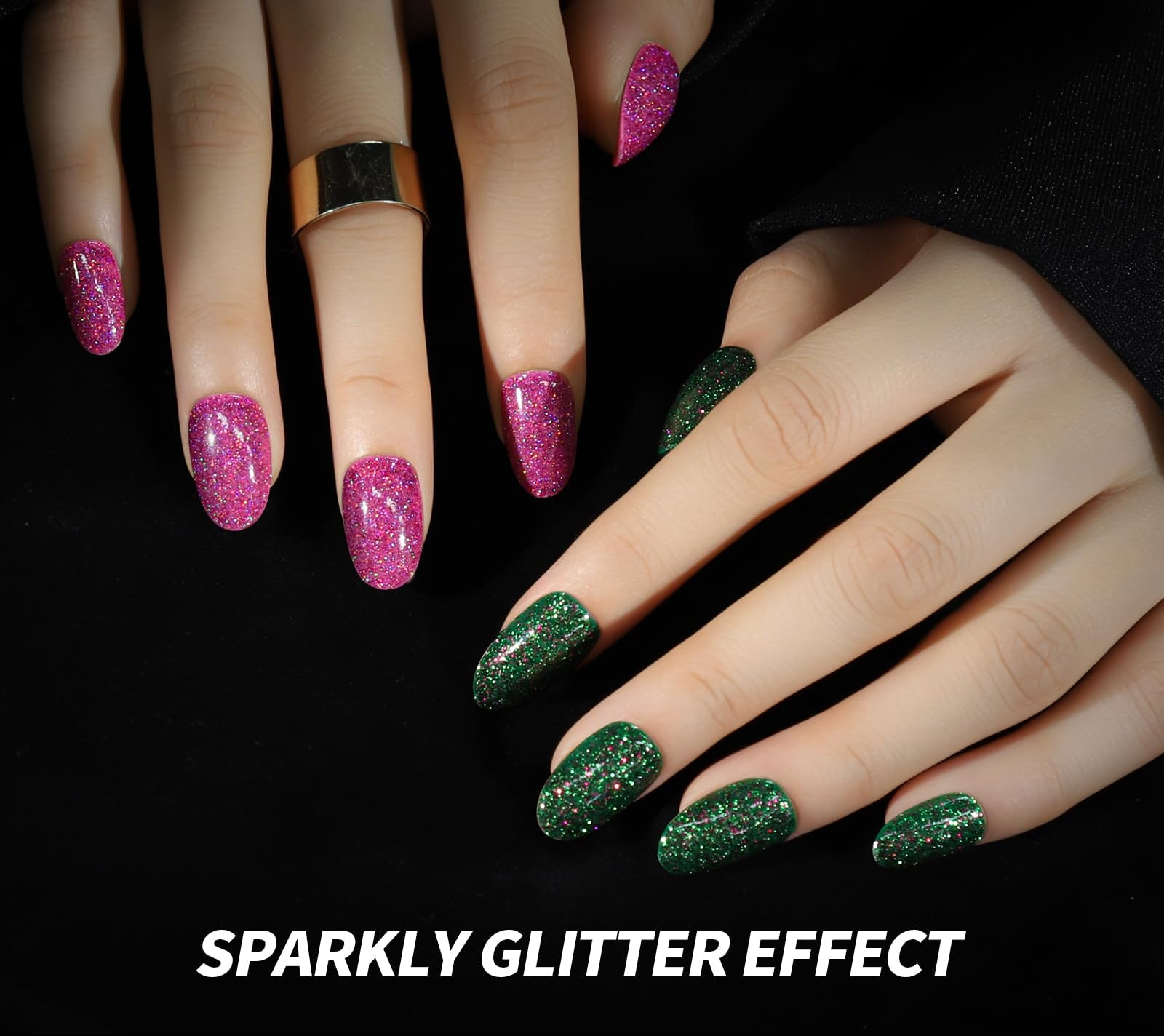 Hands with pink and green glittery nail polish on a black background, featuring the Fandamei brand.