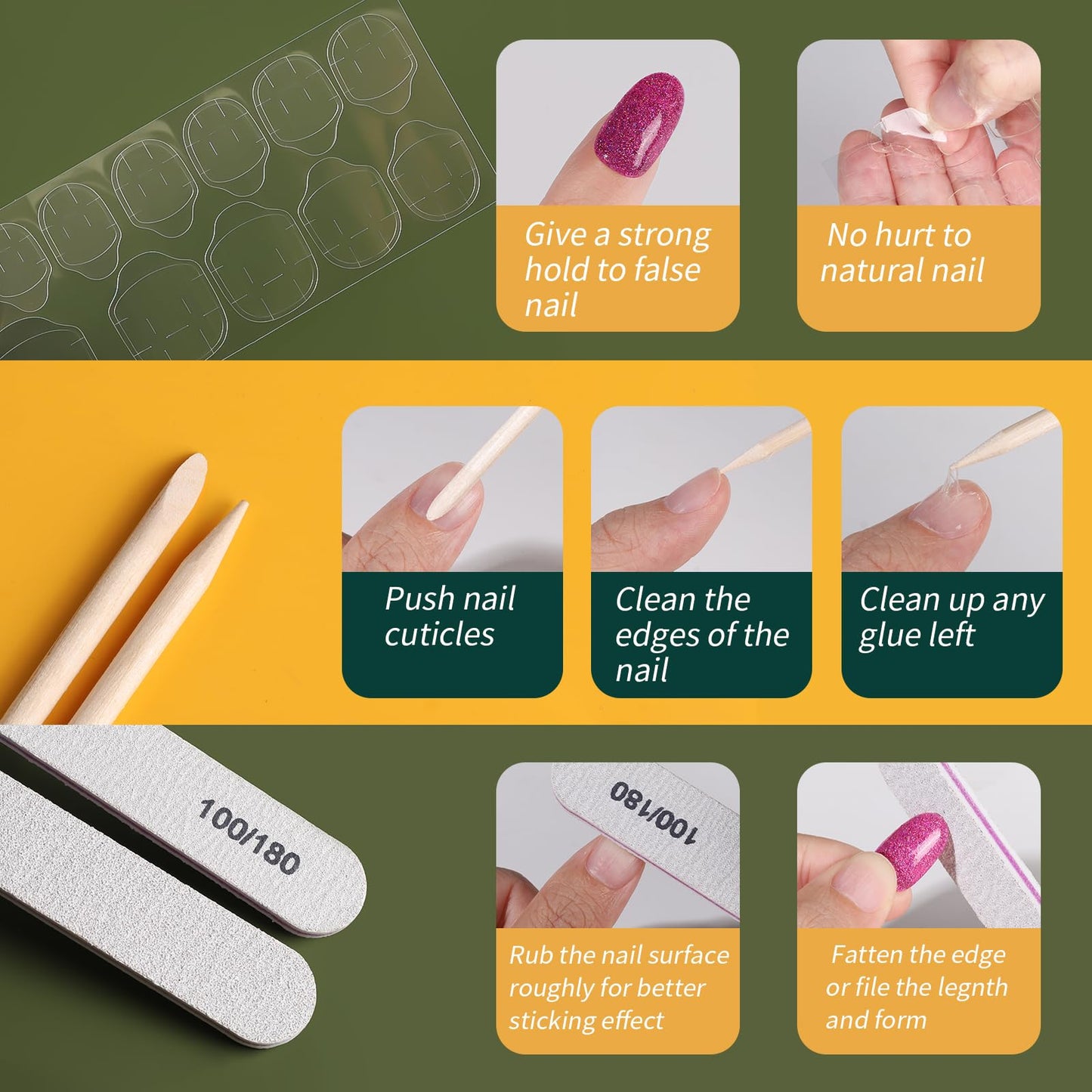 Nail care tools and steps with text on a green and yellow background