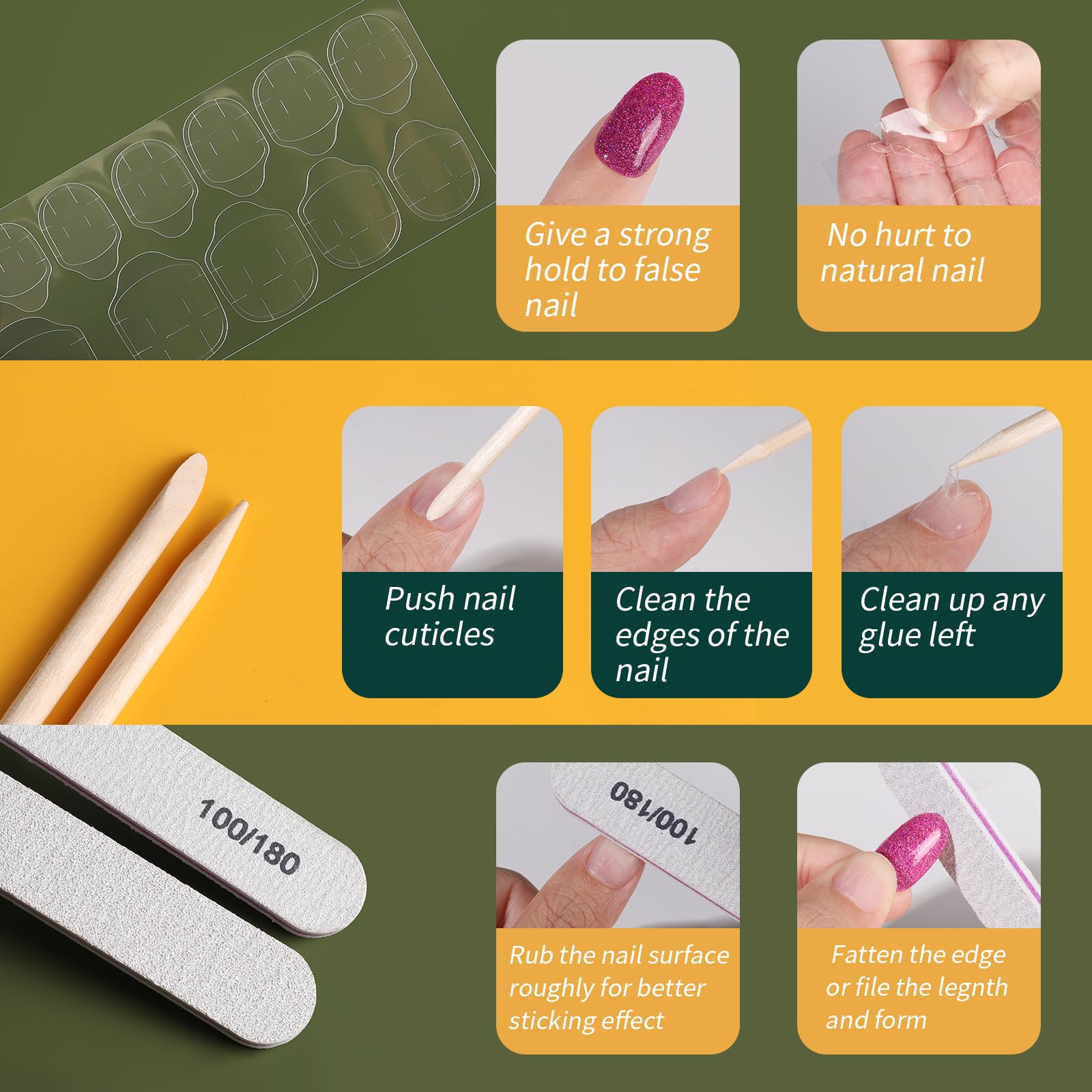 Nail care tools and steps with text on a green and yellow background