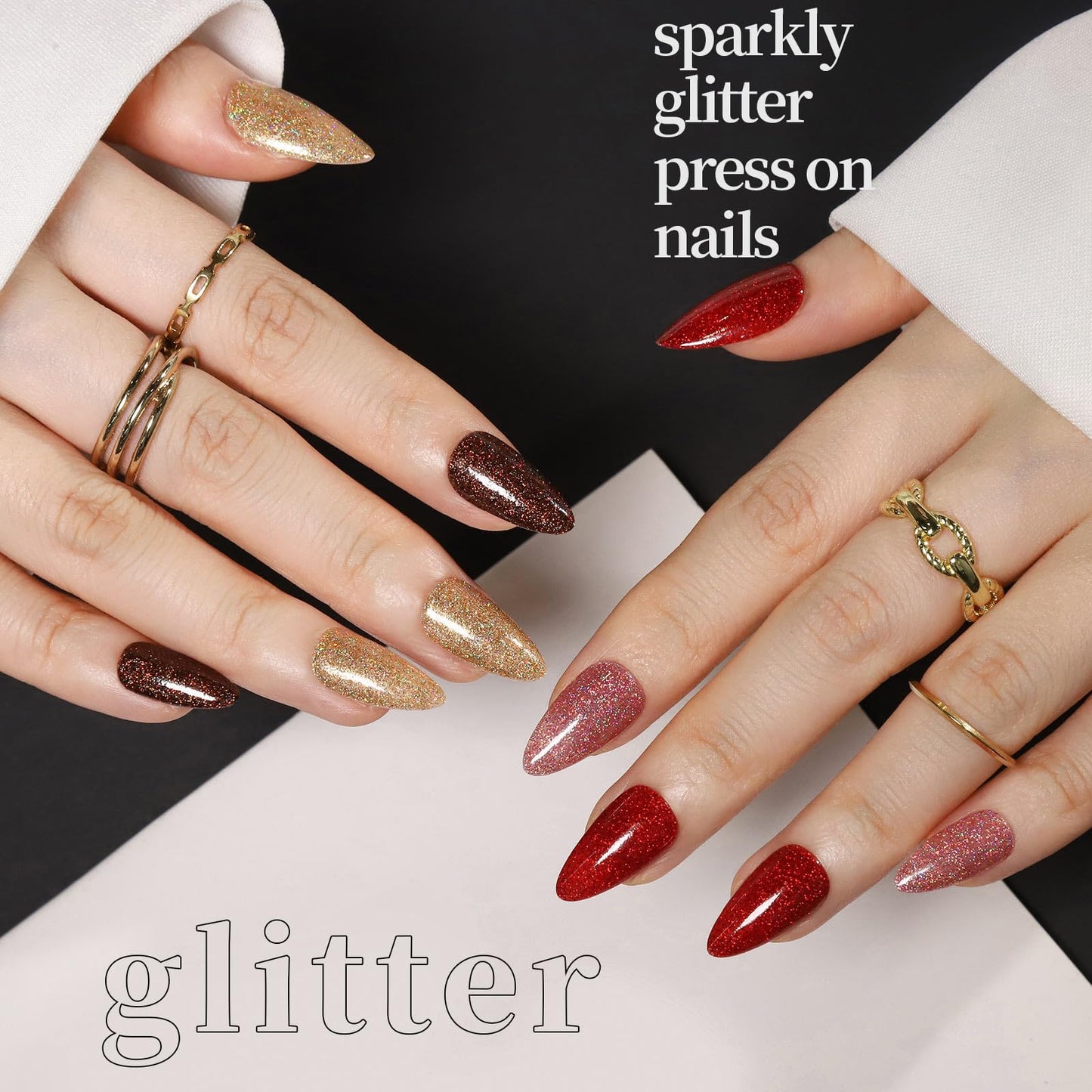 Close-up of hands with glittery press-on nails on a black and white background