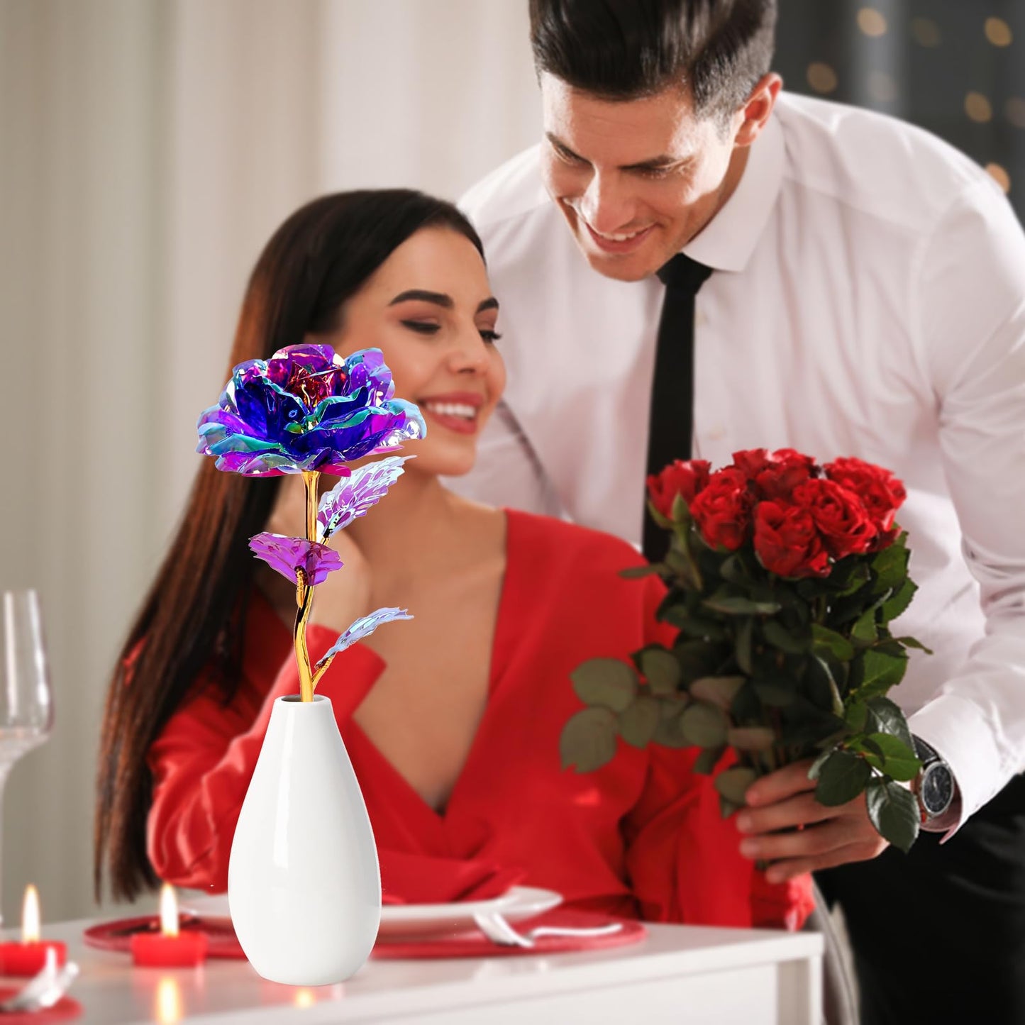 Artificial Rose Flower Gift with Vase – Elegant Decorative Gift for Mom, Wife or Her