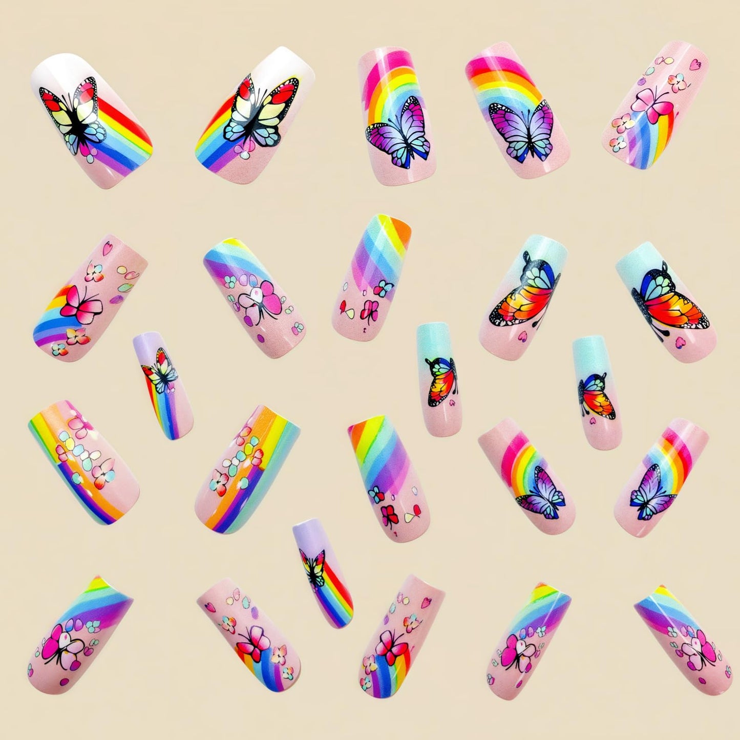 Square Press-On Nails – Purple Floral Medium Fake Nails, Glossy Full Cover 24PCS