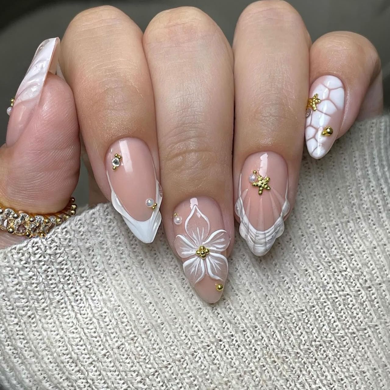 3D Pink Almond Press-On Nails – Medium French Tip Glossy Floral Fake Nails 2