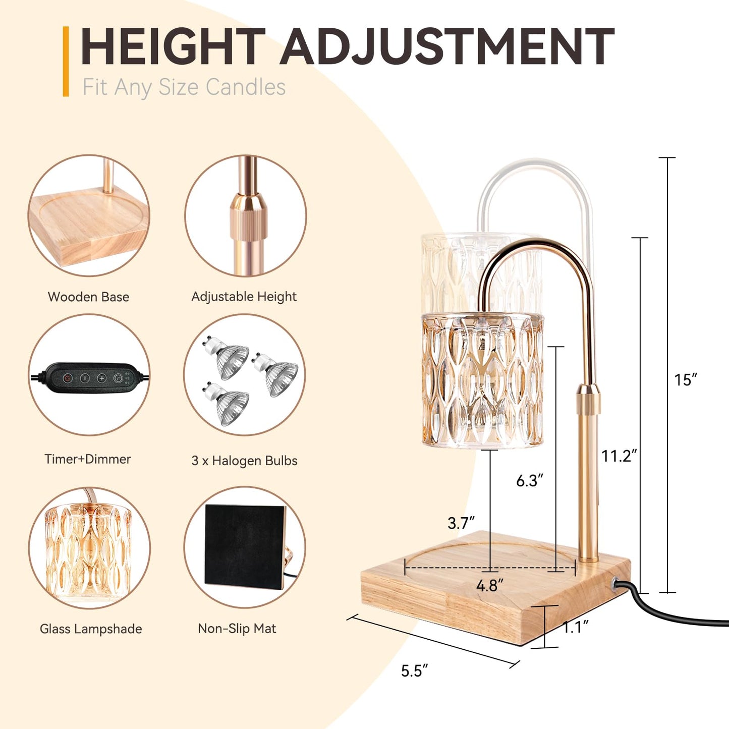 Candle Warmer Lamp with Timer – Dimmable Adjustable Height Candle Melter with Bulbs