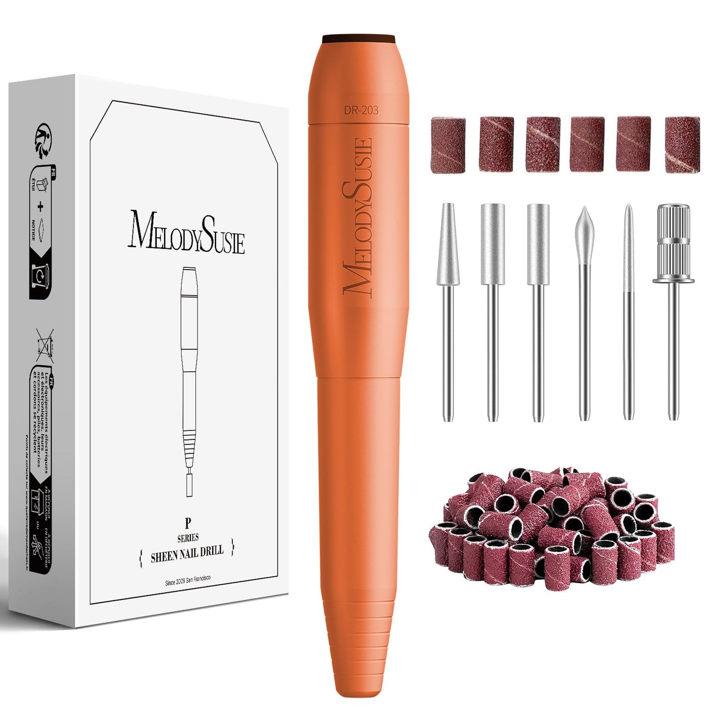 Orange nail drill with accessories and packaging on a white background