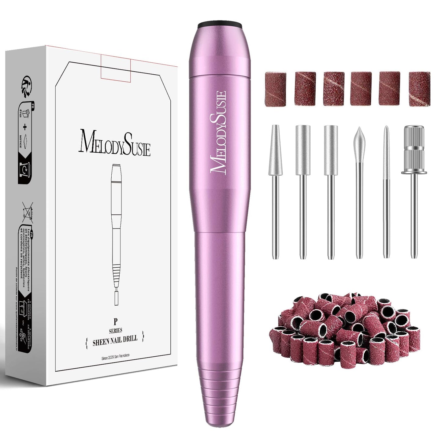 Pink nail drill with accessories and packaging on a white background