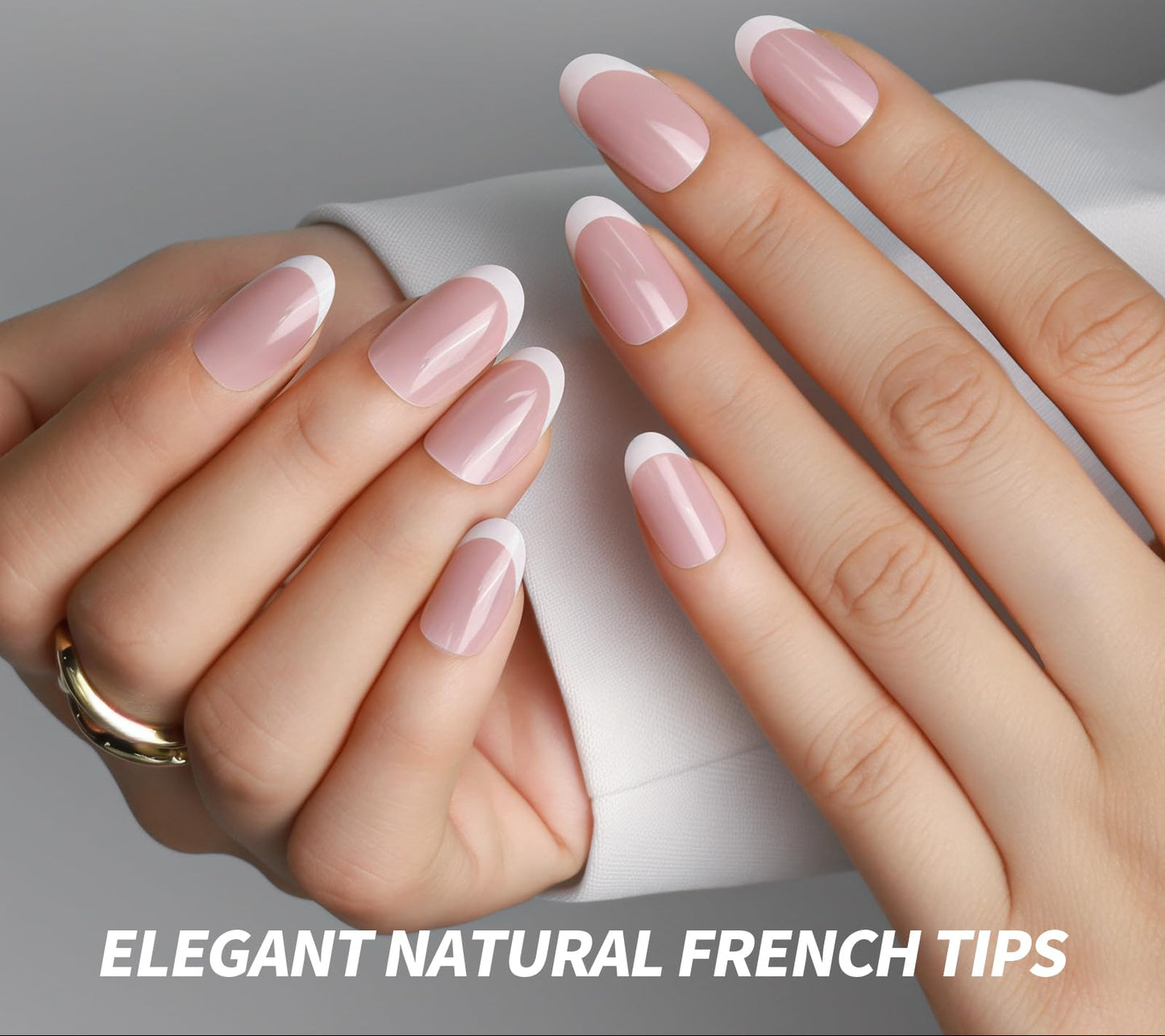 Close-up of hands with pink nail polish and 'Elegant Natural French Tips' text, featuring the Fandamei brand.