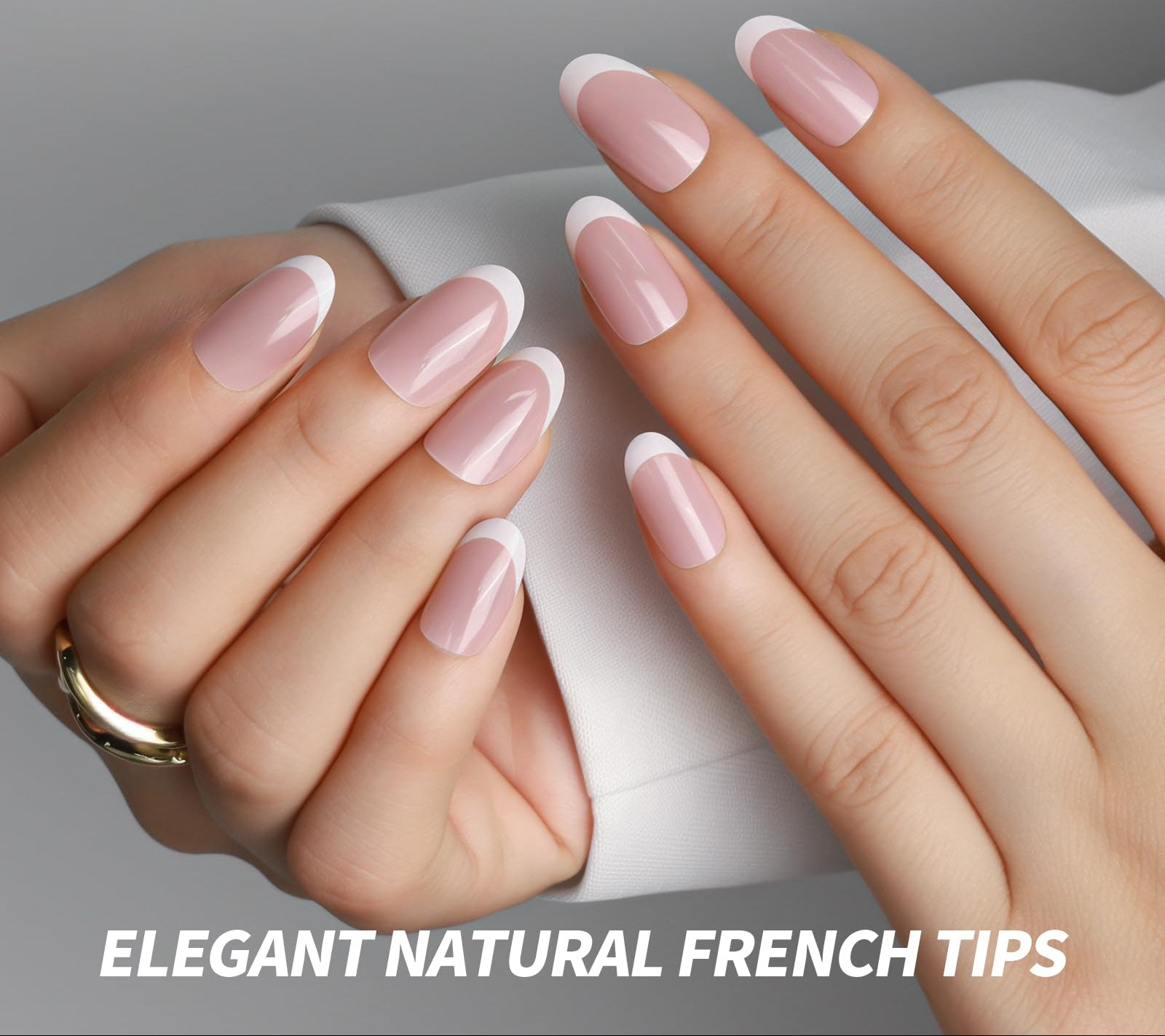 Close-up of hands with pink nail polish and 'Elegant Natural French Tips' text, featuring the Fandamei brand.