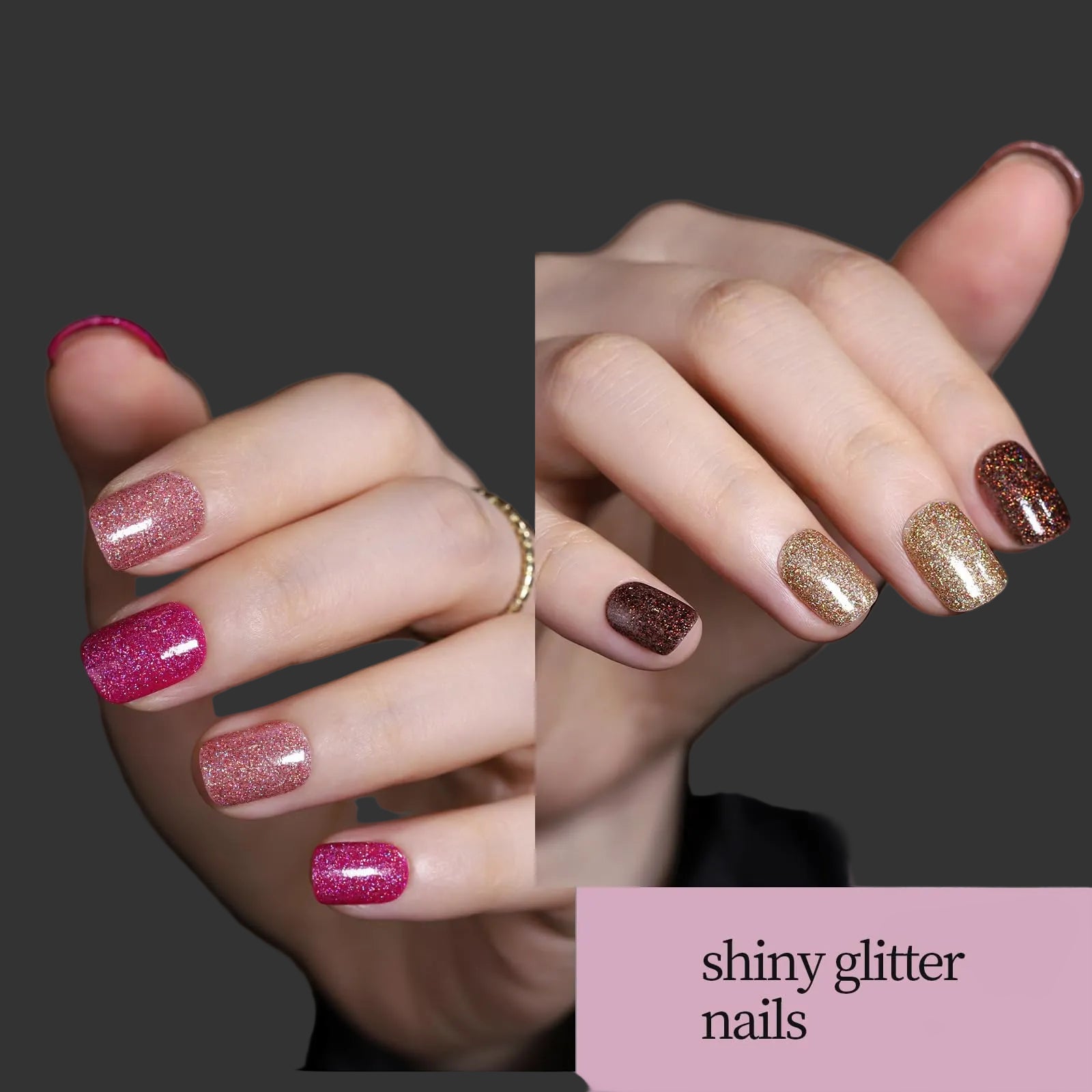 Two sets of hands with glittery nail polish, one pink and one brown, on a dark background.