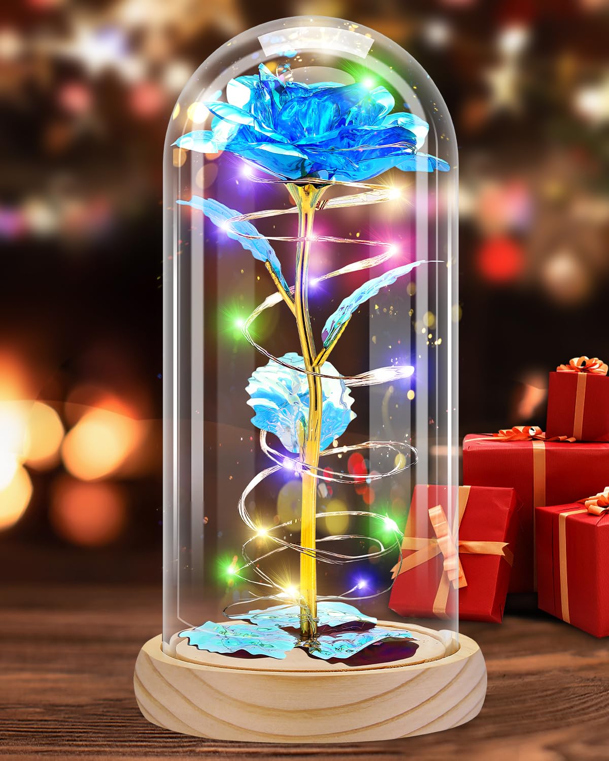 Preserved Rose in Glass Dome with LED Light – Forever Flower Gift for Mom or Her
