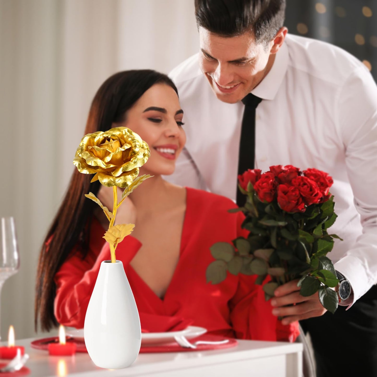 Artificial Rose Flower Gift with Vase – Elegant Decorative Gift for Mom, Wife or Her