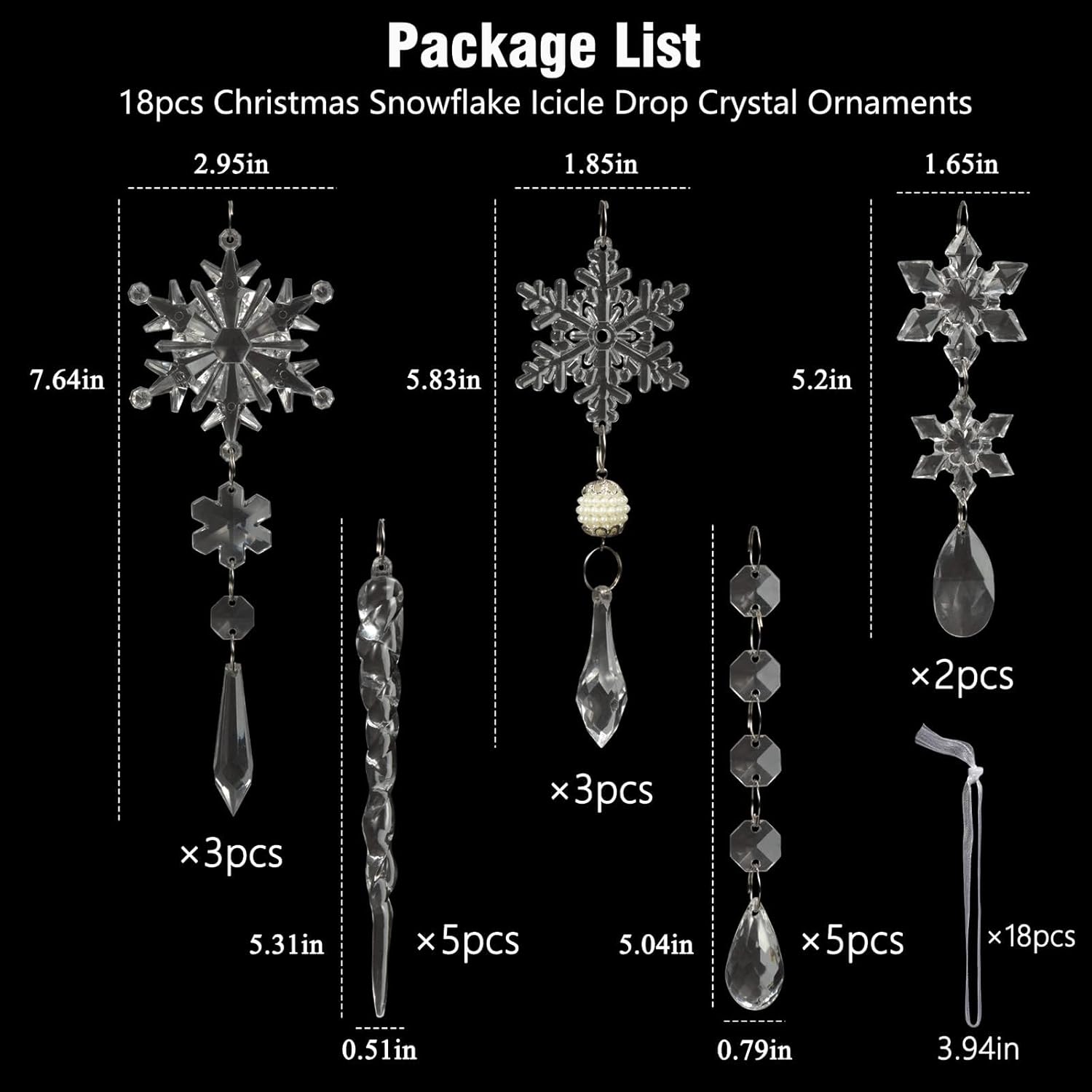 18Pcs Christmas Tree Decoration Crystal Ornaments - Hanging Acrylic Christmas Snowflake Icicle Drop Crystal Ornaments for Xmas Tree Winter New Year Party Supplies