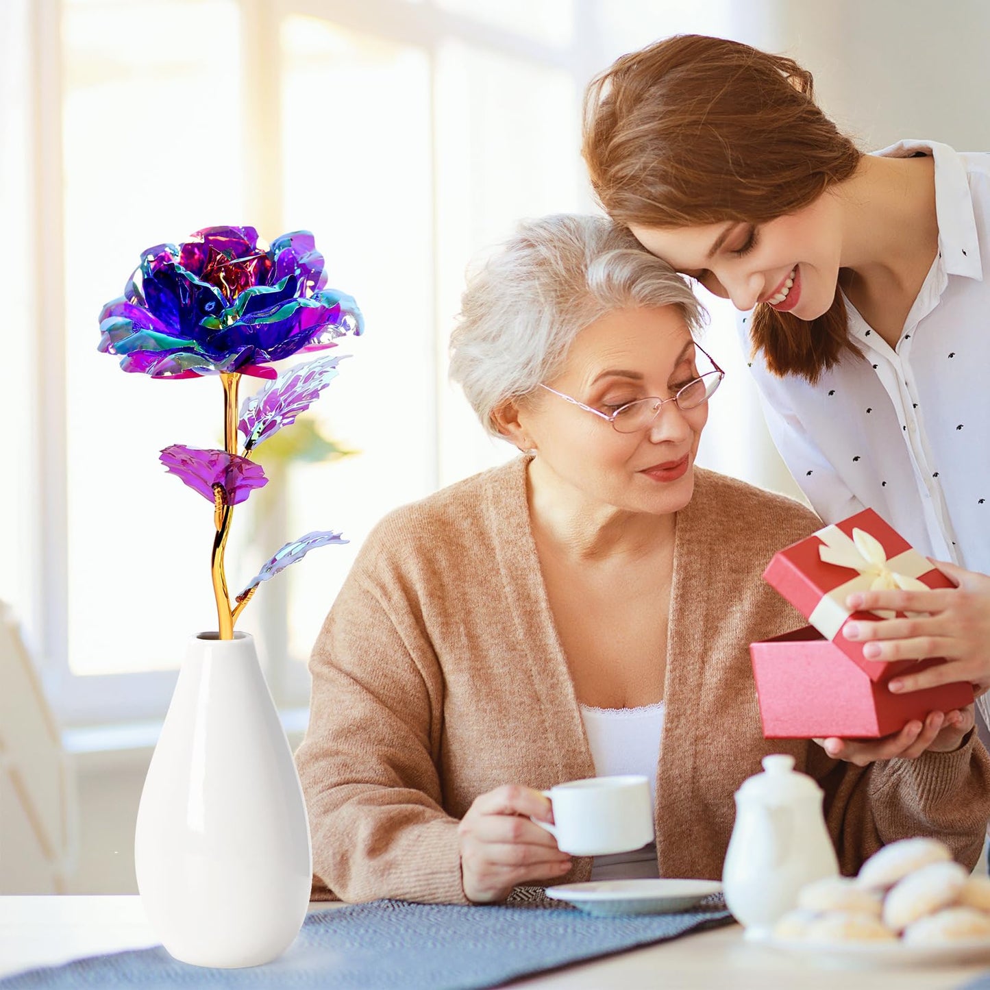 Artificial Rose Flower Gift with Vase – Elegant Decorative Gift for Mom, Wife or Her